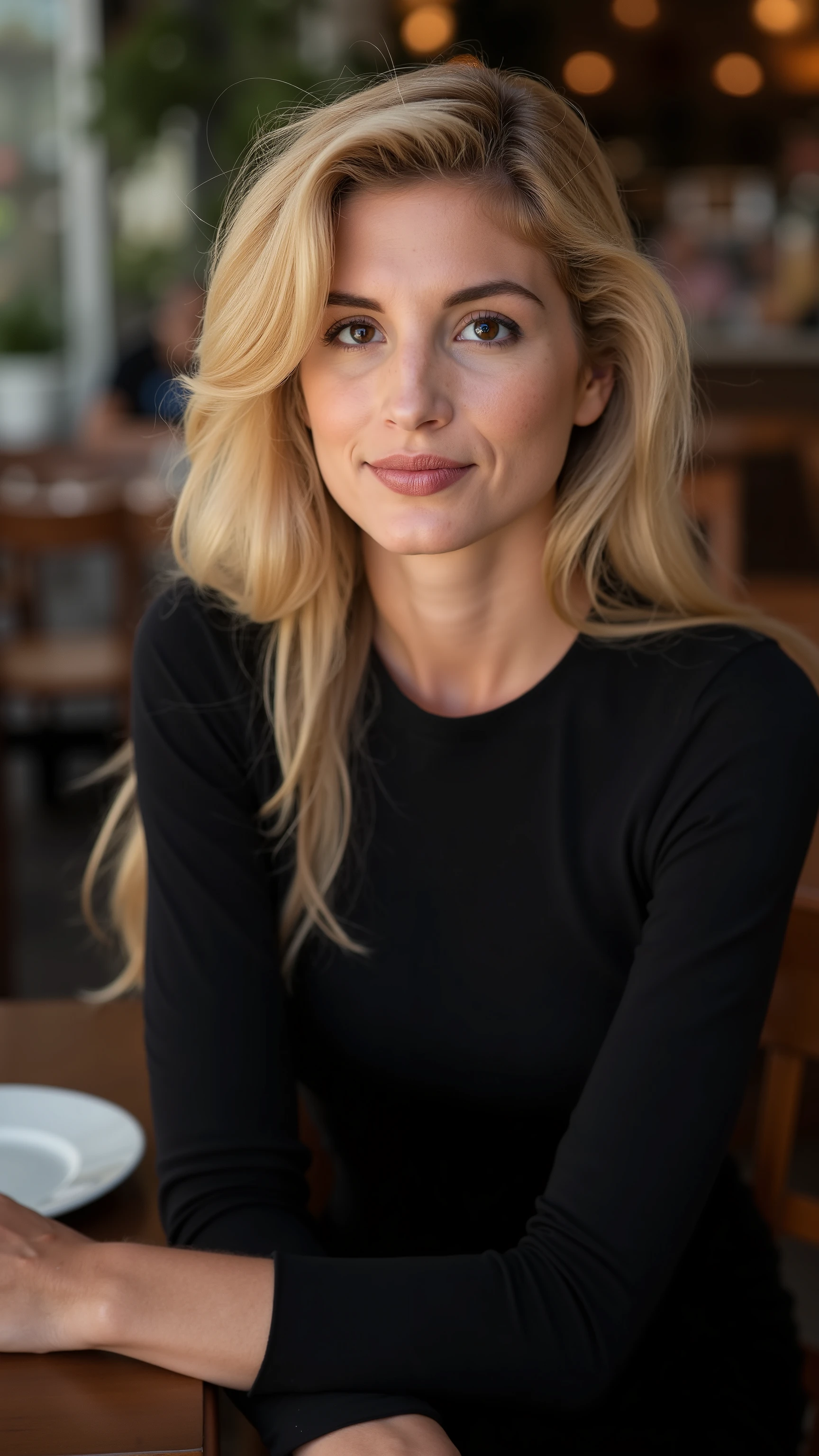 This is a beautiful  closeup photograph of a woman, she has long straight blonde hair swept to one side and dark blue eyes.  Wearing a form fitting  black dress,  Sitting in a cafe. Flirting at the viewer. Smile, Captured with a Sony A7R IV camera and a 50mm f/1.2 G Master lens for a beauty editorial shoot, this composition highlights her fashion-forward aesthetic. Inspired by avant-garde fashion photography from Sølve Sundsbø, this image blends contemporary fashion and minimalist elegance, embodying mythp0rt and niji_flux styles for a sleek, high-fashion vision. ((glow_skin, iridescent skin, oily skin, portrait)). ((no logo))