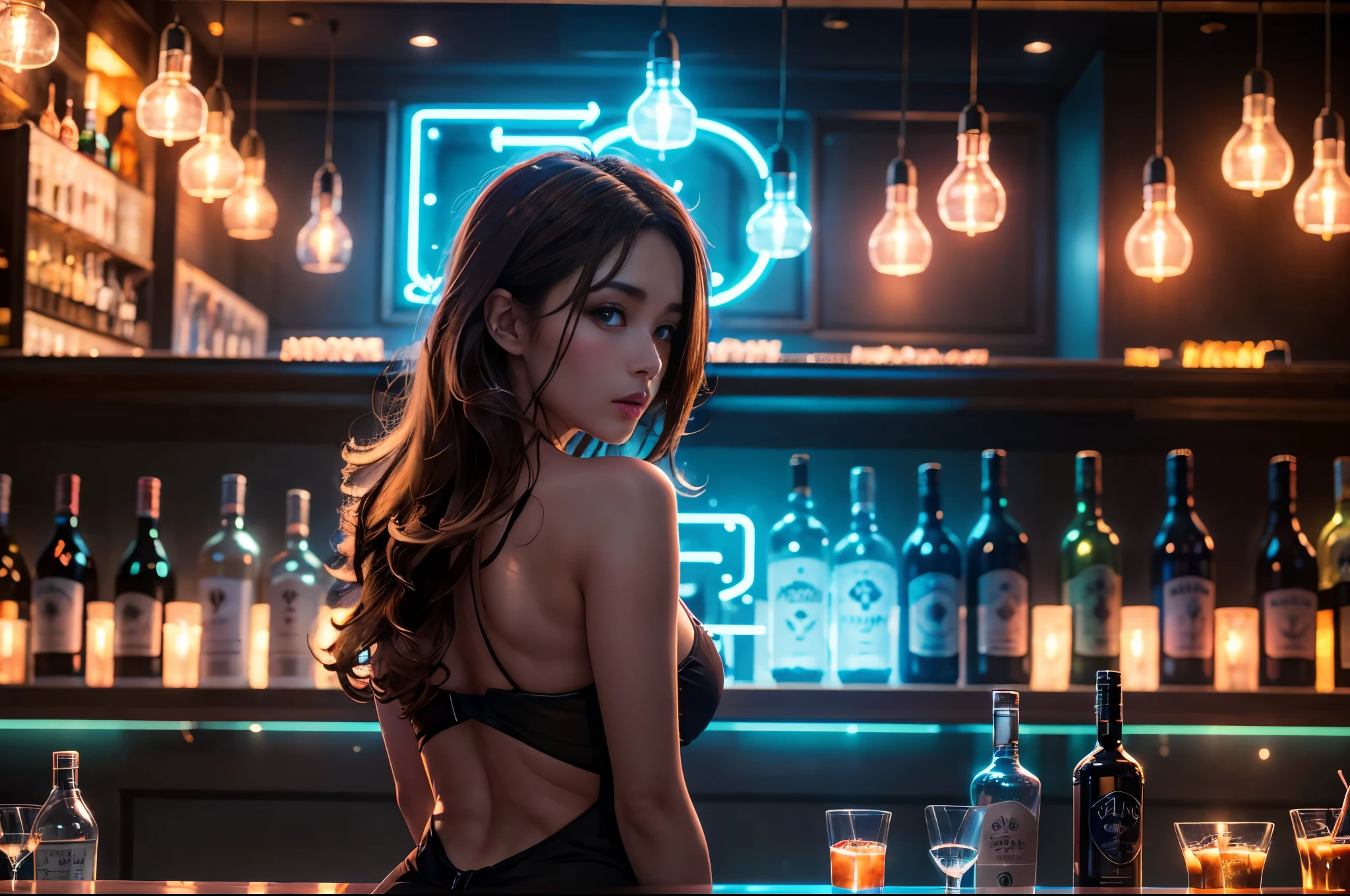 ( highdefinition images、Pro Work 、Artistic、 Top Masterpieces:1.1)、(Colorful fluorescent tubes , ( Dark Bar Counter 、 urban nightlife 、 stylish atmosphere、 Digital Art :1.2) , (Dramatic neon lighting , Detailed texture、Bartender Dresses、( shining with fluorescent tubes in the dark 、 colorful liquor bottles )、 whiskey 、liqueur、gin、Vodka、 The end of the counter and back bar glows colorfully with neon cables:1.4、Night World:1.3)、((Bar Background、Neon-like glowing lines 1.4、))、(( beautiful women with well-groomed faces ,、 brown hair, sexy beauty:1.3))、 light、カクテルを作る sexy beauty、Colorful fluorescent tubes が光る暗い店の中、have a shaker、Cocktails lined up:1.4))