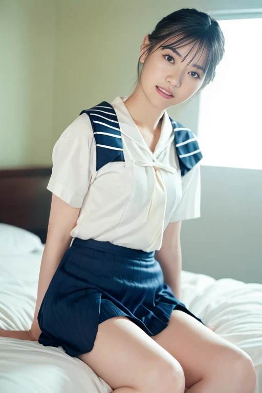 One Girl, short hair,Black Hair,smile,Inside the room, summer,bed,Sit down,,Sailor suit,Down to the feet,Look at this,transparent, (masterpiece, Highest quality), Soft Light, Structure of the film, Information like a movie
