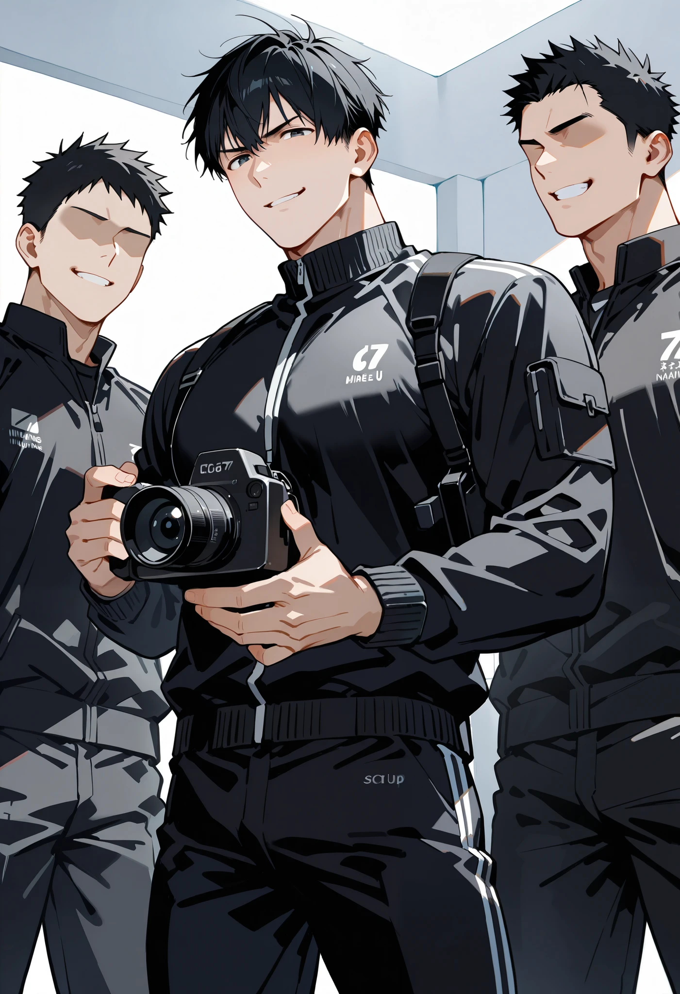 Three sports students, male full body jumpsuit, cycling suit, one ager, high school student, pool locker room, arrogant expression, fangs, heat, shut up, foot on football, abs, full body, single, barefoot, holding a swimming cap, naked, swimming goggles, wet all over, holding a glass of juice, squinting