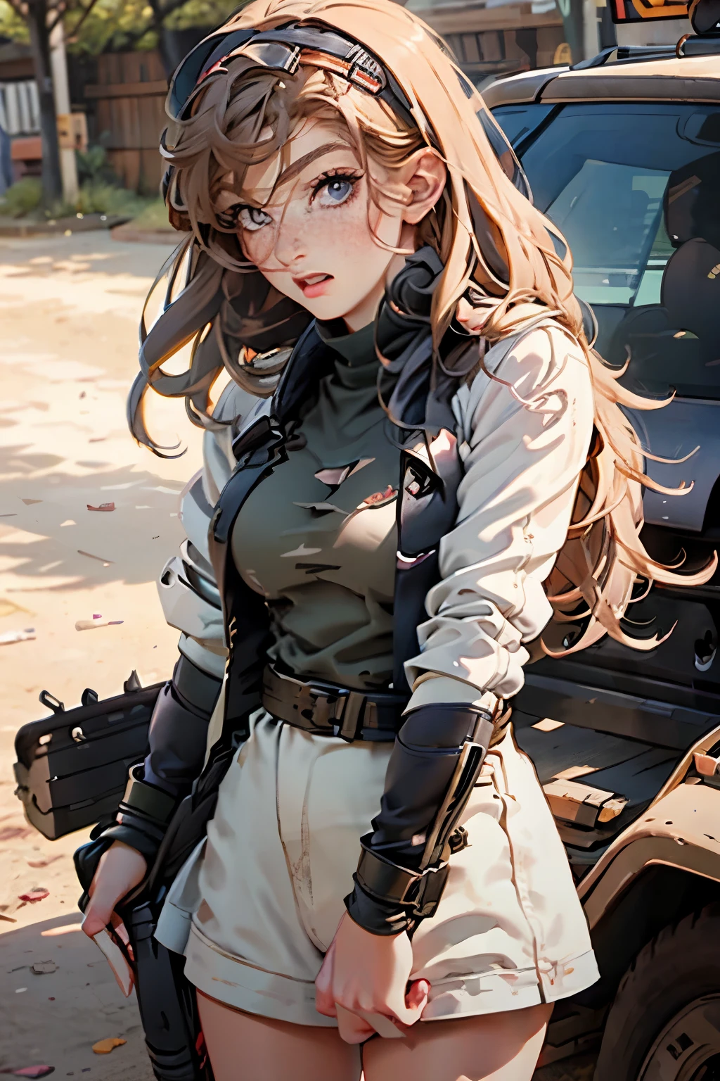 very pretty girl . She is 28 years old . Breast size 3 . height 180 cm . light grey eyes . brown-haired . . Wearing military uniform . soldier . She has a gun in her hands . severe , TIRED LOOK .