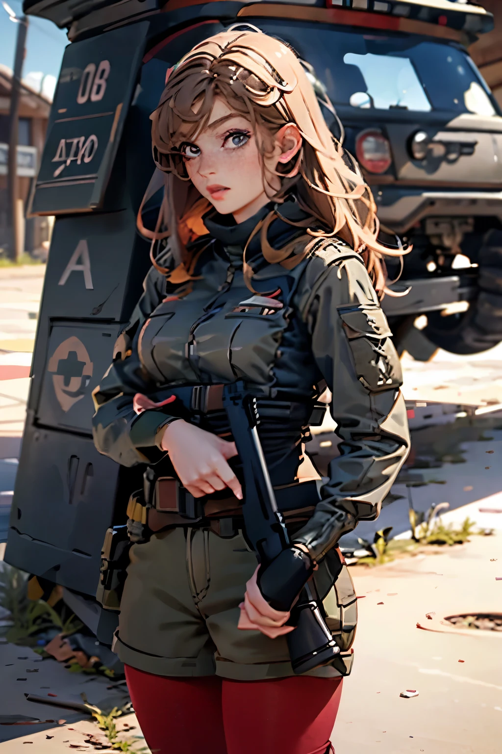  very pretty girl . She is 28 years old .  Breast size 3  . height 180 cm .    light grey eyes  . brown-haired . .  Wearing military uniform . soldier . She has a gun in her hands . severe ,  TIRED LOOK . 