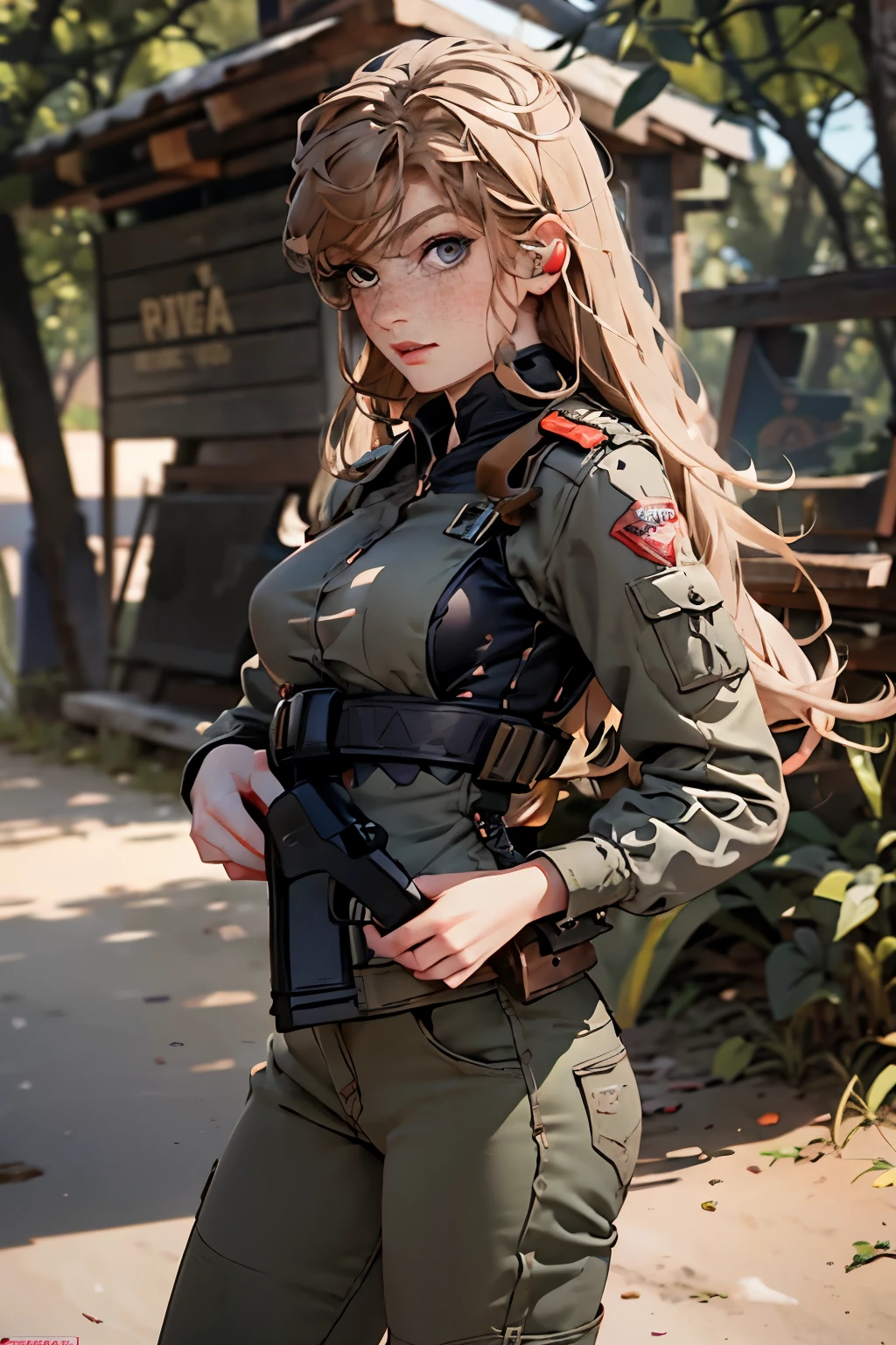  very pretty girl . She is 28 years old .  Breast size 3  . height 180 cm .    light grey eyes  . brown-haired . .  Wearing military uniform . soldier . She has a gun in her hands . severe ,  TIRED LOOK . 