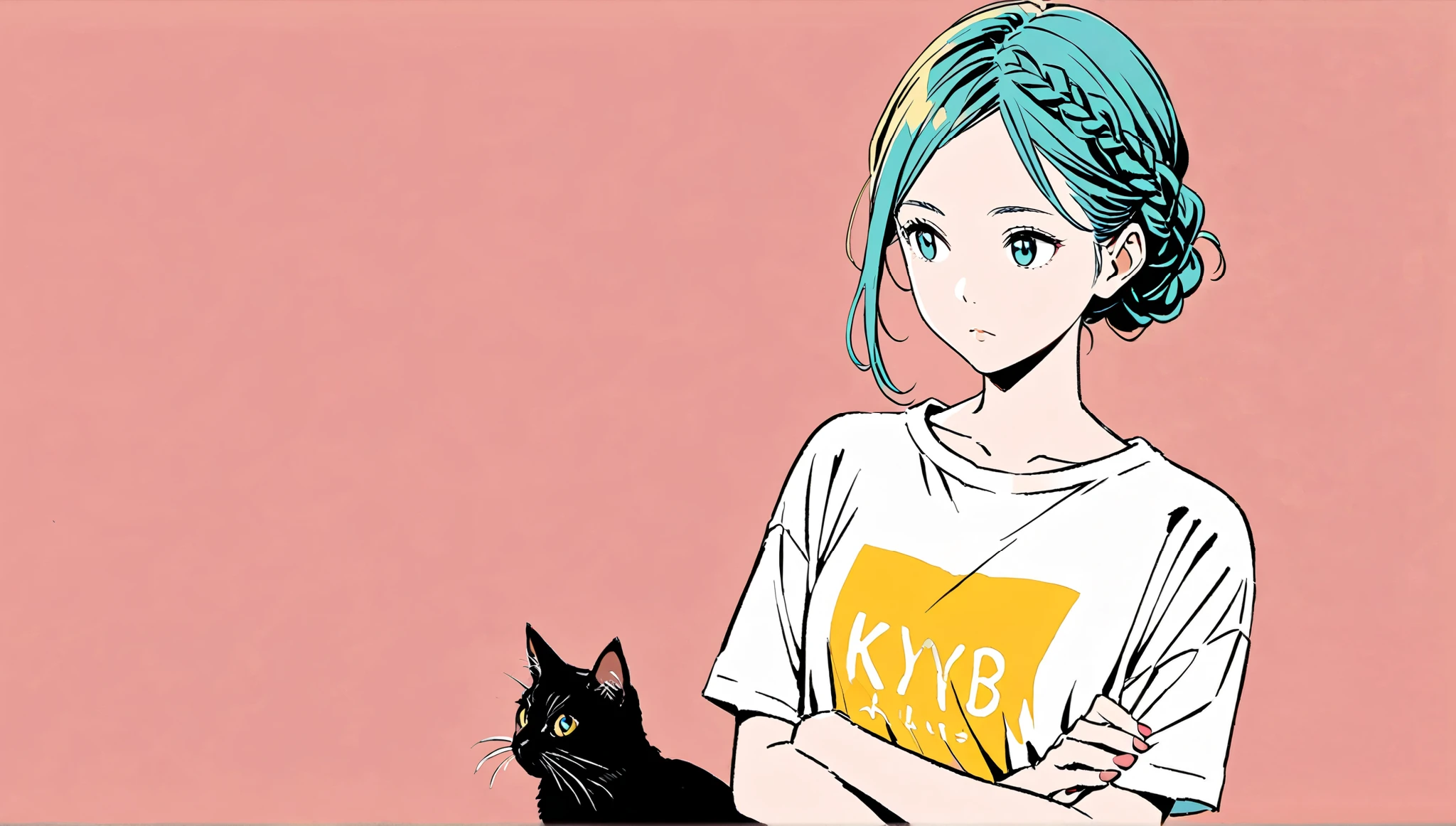 (( arms crossed)),(Pop Color)),Glasses、masterpiece, ((( holding a black cat )),((( expressionless )))、Highest quality, Beautiful attention to detail, Very detailed, In detail, High resolution, Perfect Anatomy, , , girl, (one person:1.5), alone, ( braid hairstyle),黒縁Glasses、 ( T-shirt), (( Simple Solid Color Background))), Background, (City Pop anime), Kyoto Animation, ,anime, Front view、