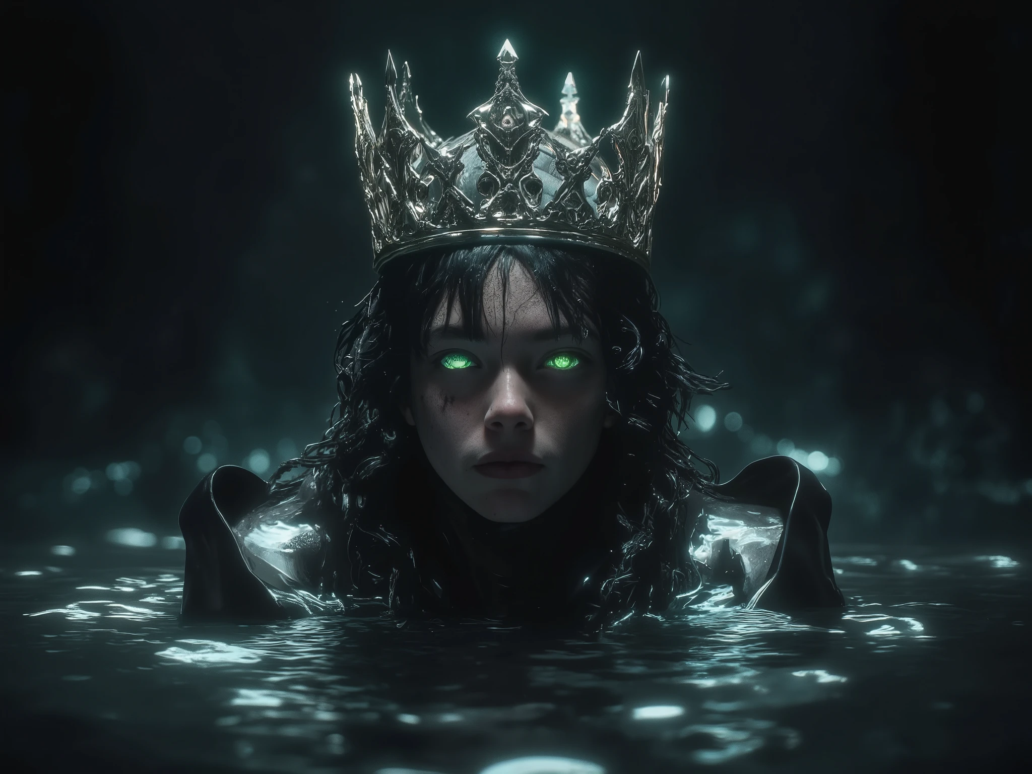 [Submerged Crowned King, a young prince, handsome, solemnly emerging from dark water, conveying a sense of mystery and foreboding], (for the dramatic lighting and figure rendering)], [Teal and black color palette, low-key lighting focusing on the crown and glowing eyes, smooth water texture with subtle reflections, dark, moody background, high contrast, realistic rendering of the figure and crown, shallow depth of field focusing on the king's face, cinematic lighting style].