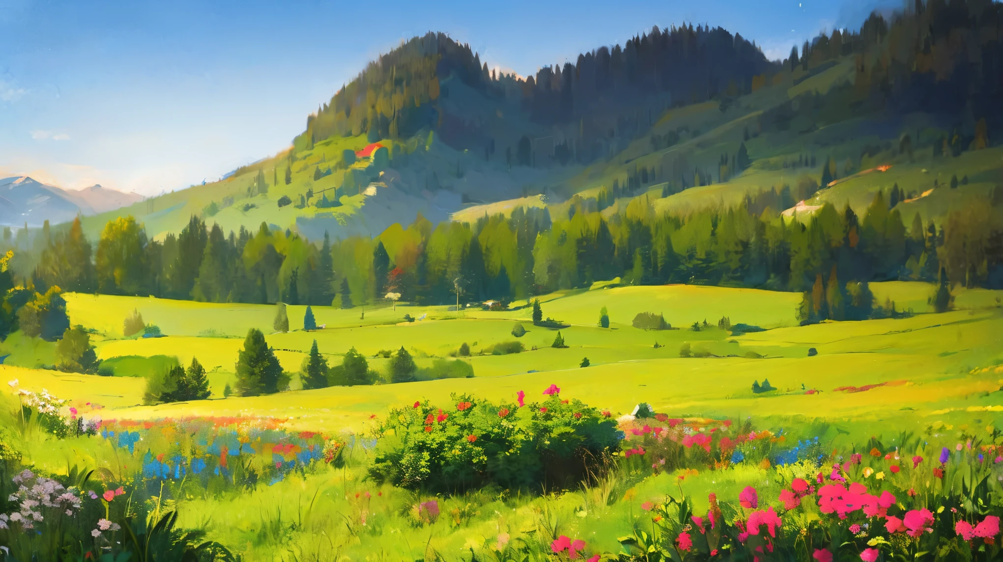 A is drawing with paint,Background meadow, Sky, looks up at the , Distant Scenery