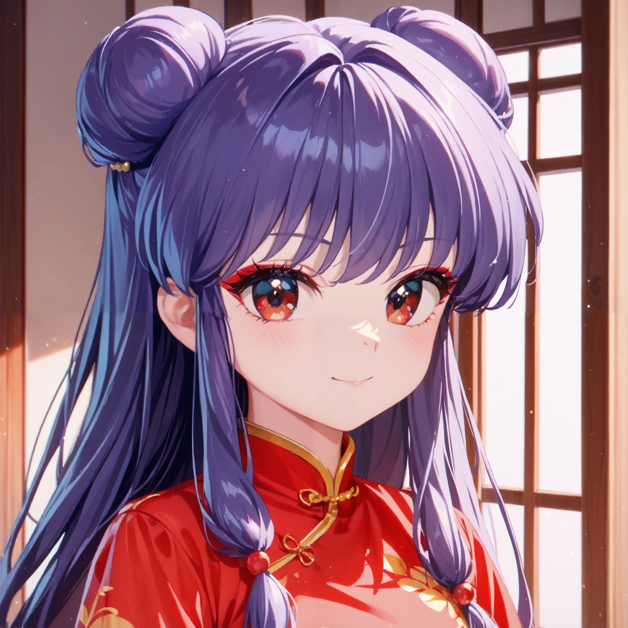 masterpiece, top quality , perfect face, Highest Resolution, 8k, 1 Girl, young, shampoo (Ranma 1/2), young, red eyes, long hair, purple hair, Detailed depiction of bun knot hair , Red eyeshadow, China Dress, I love you, A face in love, affectionate face, enchanted smile