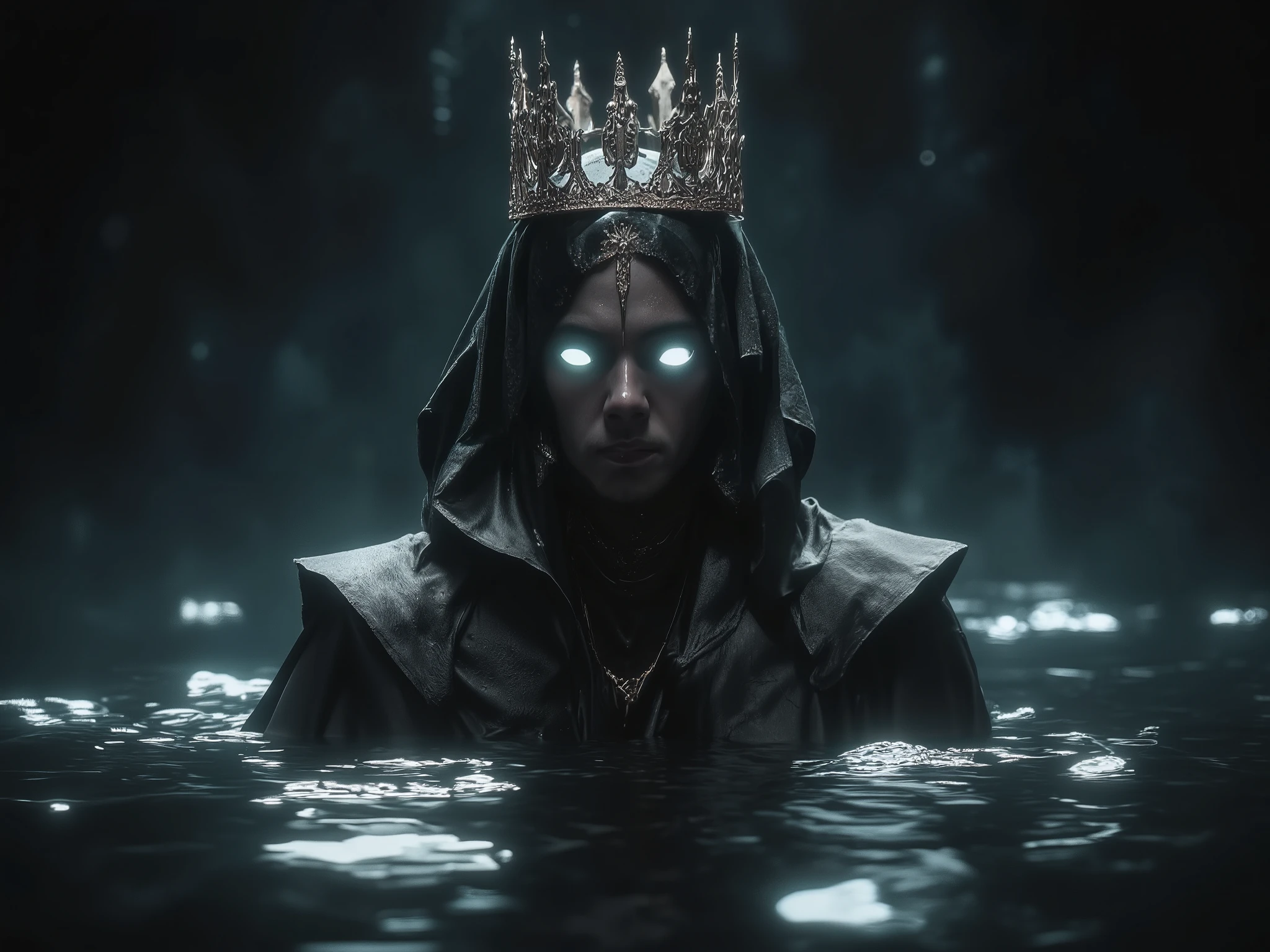[Submerged Crowned King, a young prince, handsome, solemnly emerging from dark water, conveying a sense of mystery and foreboding], (for the dramatic lighting and figure rendering)], [Teal and black color palette, low-key lighting focusing on the crown and glowing eyes, smooth water texture with subtle reflections, dark, moody background, high contrast, realistic rendering of the figure and crown, shallow depth of field focusing on the king's face, cinematic lighting style].