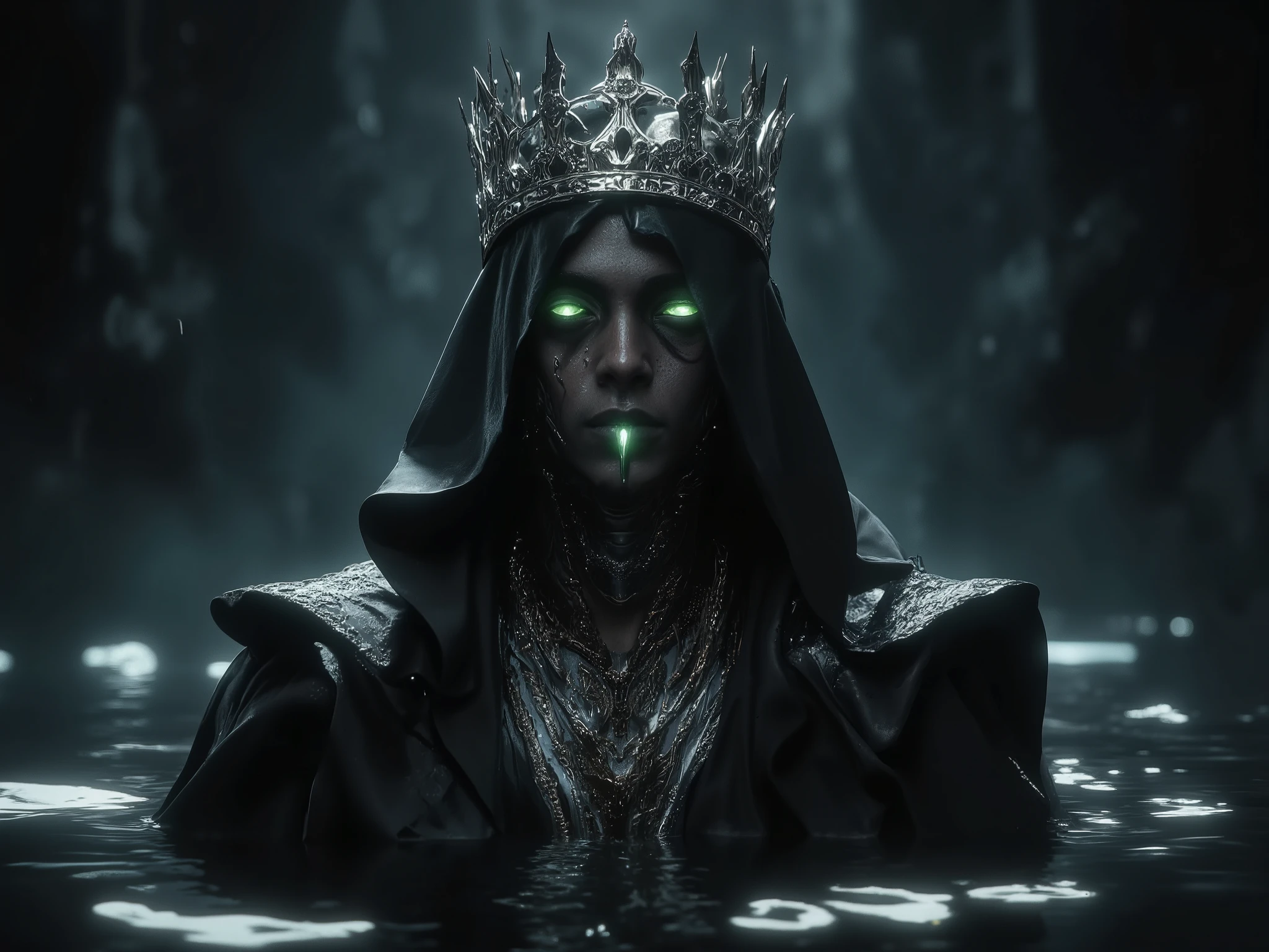[Submerged Crowned King, a young prince, handsome, solemnly emerging from dark water, conveying a sense of mystery and foreboding], (for the dramatic lighting and figure rendering)], [Teal and black color palette, low-key lighting focusing on the crown and glowing eyes, smooth water texture with subtle reflections, dark, moody background, high contrast, realistic rendering of the figure and crown, shallow depth of field focusing on the king's face, cinematic lighting style].