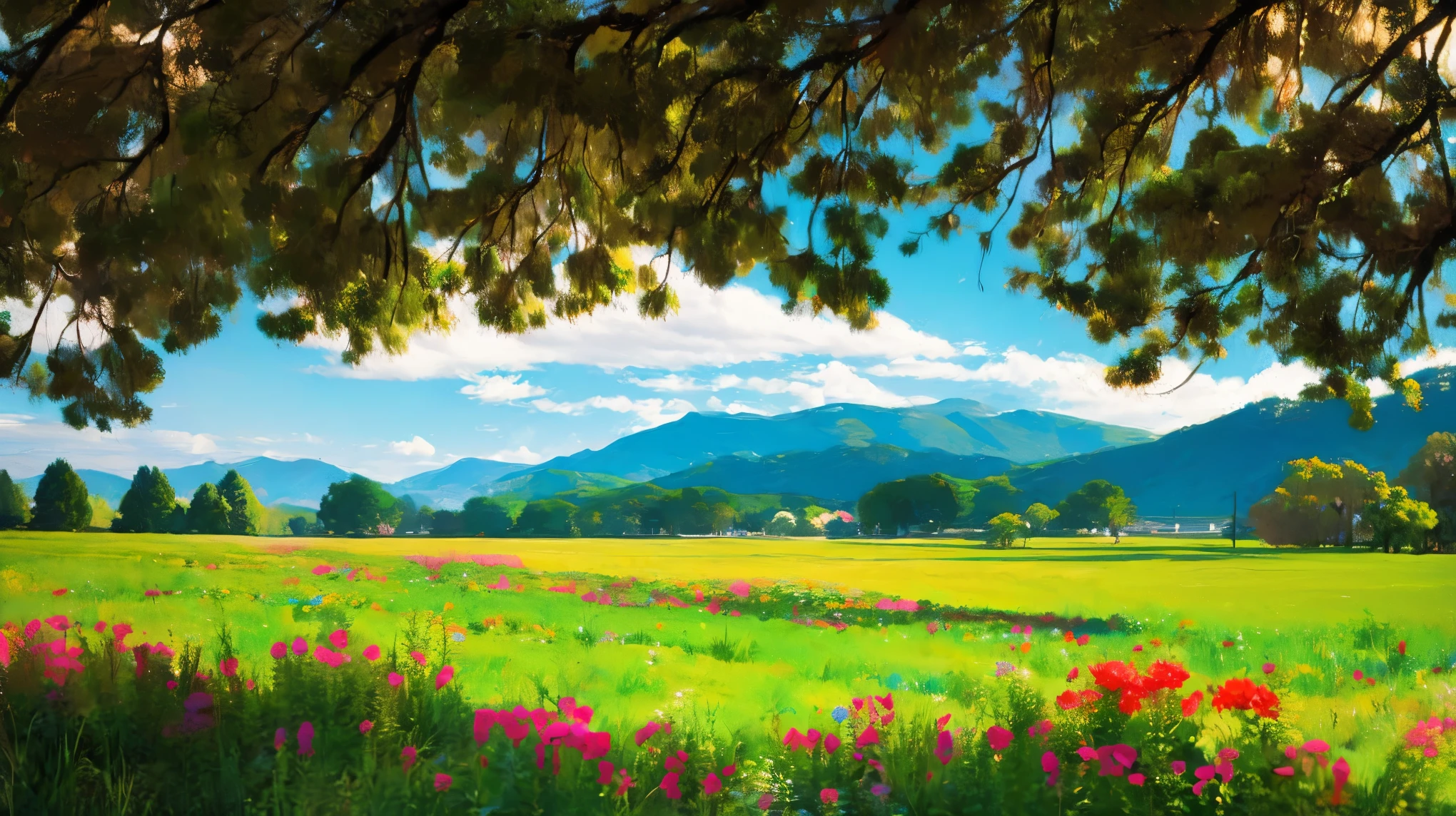 A is drawing with paint,Background meadow, Sky, looks up at the , Distant Scenery