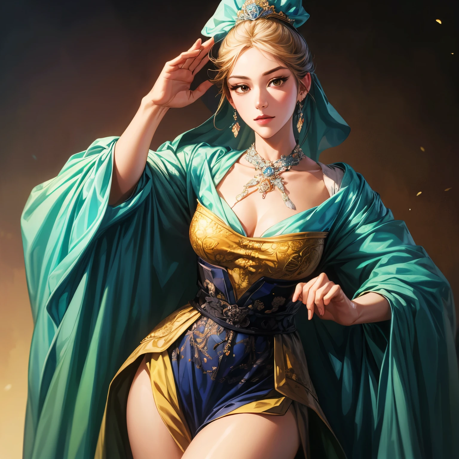  beautiful woman in rococo style, oil painting, Illustration of Three Kingdoms Jiyeon , Female solo,  detailed face ,  perfect hand ,  elegant pose ,  watercolor landscape background , ( top quality, 4K, 8k,  high resolution, masterpiece: 1.2), Very detailed, Very detailed된 눈과 얼굴,  long lashes,  vivid colors ,  studio light , Elegance,  intricate details ,  movie lights , (Create an image from the thigh to the top of the head),  blurry background 