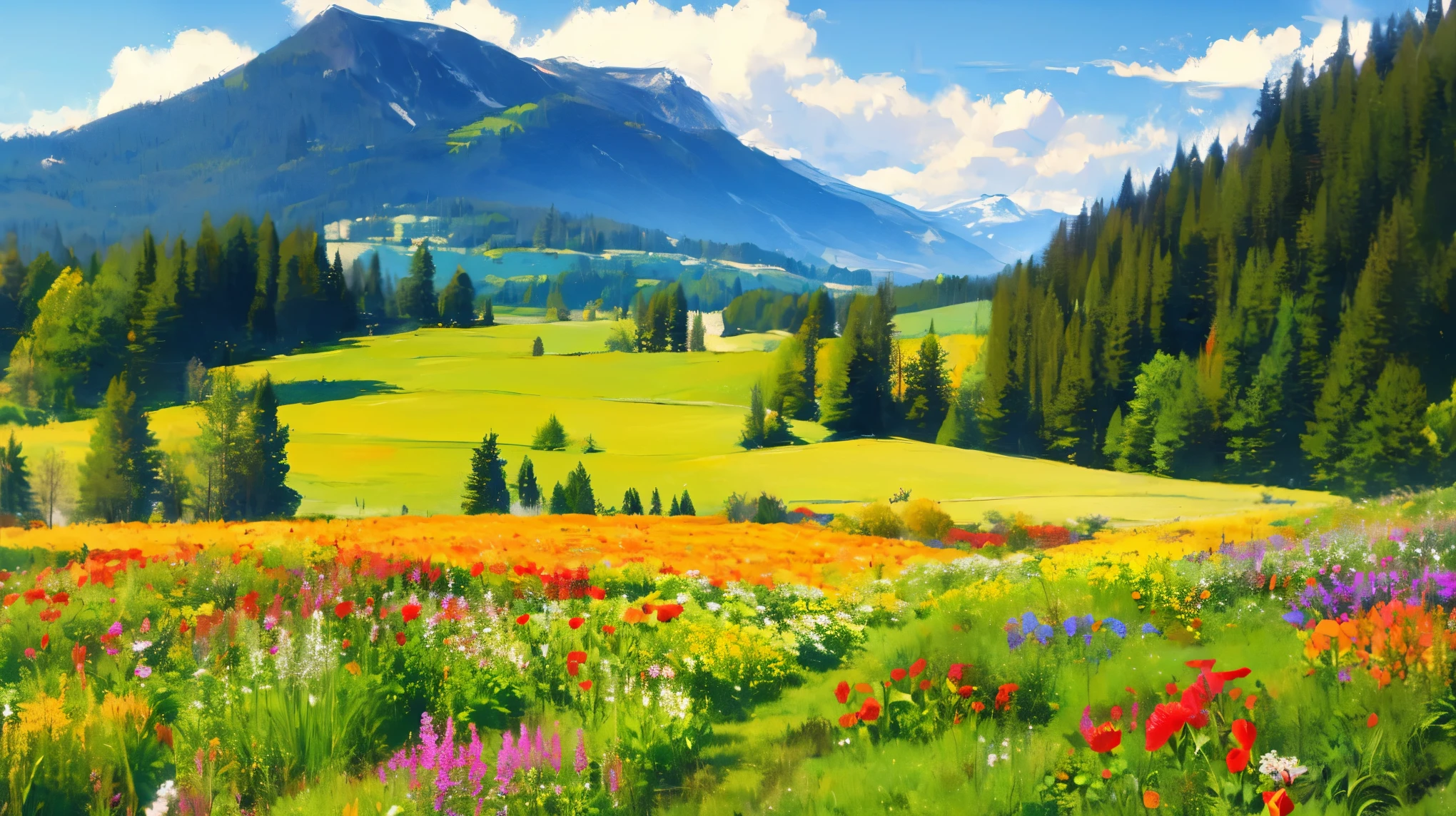 A is drawing with paint,Background meadow, Sky, looks up at the , Distant Scenery