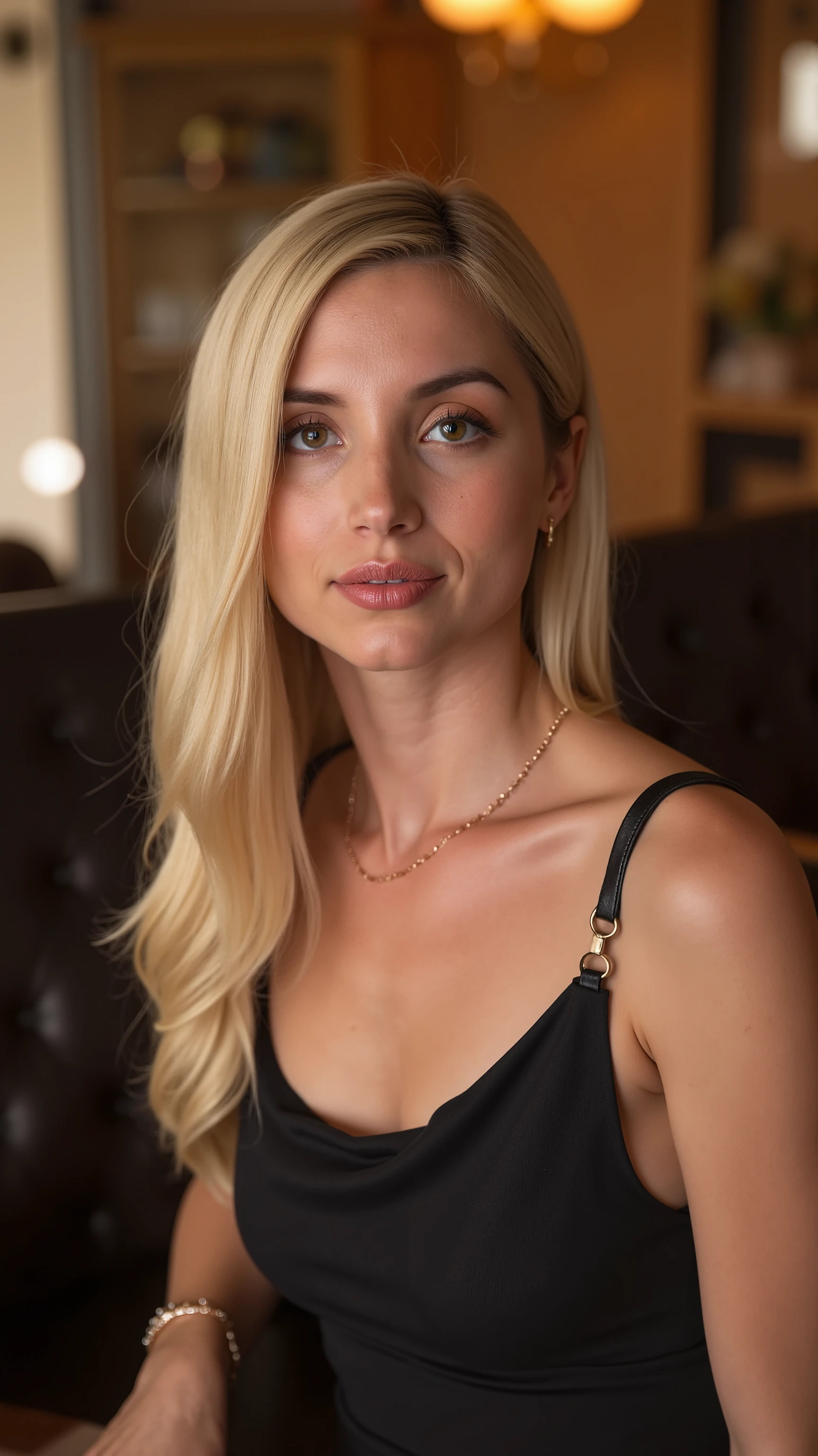 This is a beautiful  closeup photograph of a woman, she has long straight blonde hair and dark blue eyes.  Wearing a form fitting  boatneck dress,  Sitting in a cafe. Flirting at the viewer. Smile