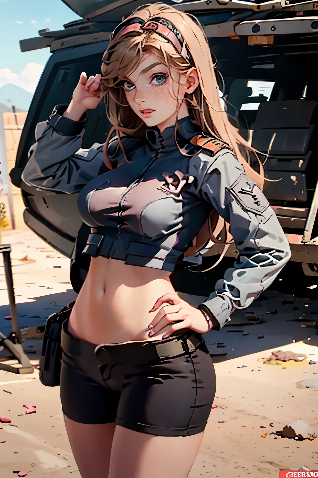 very pretty girl . She is 28 years old . Breast size 3 . height 180 cm . light grey eyes . brown-haired . . Wearing military uniform . soldier . She has a gun in her hands . severe , TIRED LOOK .