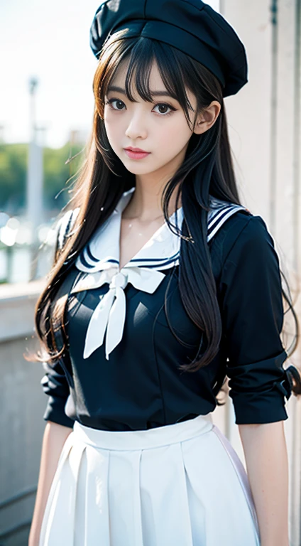 （Very delicate and beautiful：1.2）Sailor suit 、Young and beautiful woman、big Breasts,big 、Beautiful breasts,Tight waist、Small Ass、Black Hair、bangs、Long Hair、I、in the train