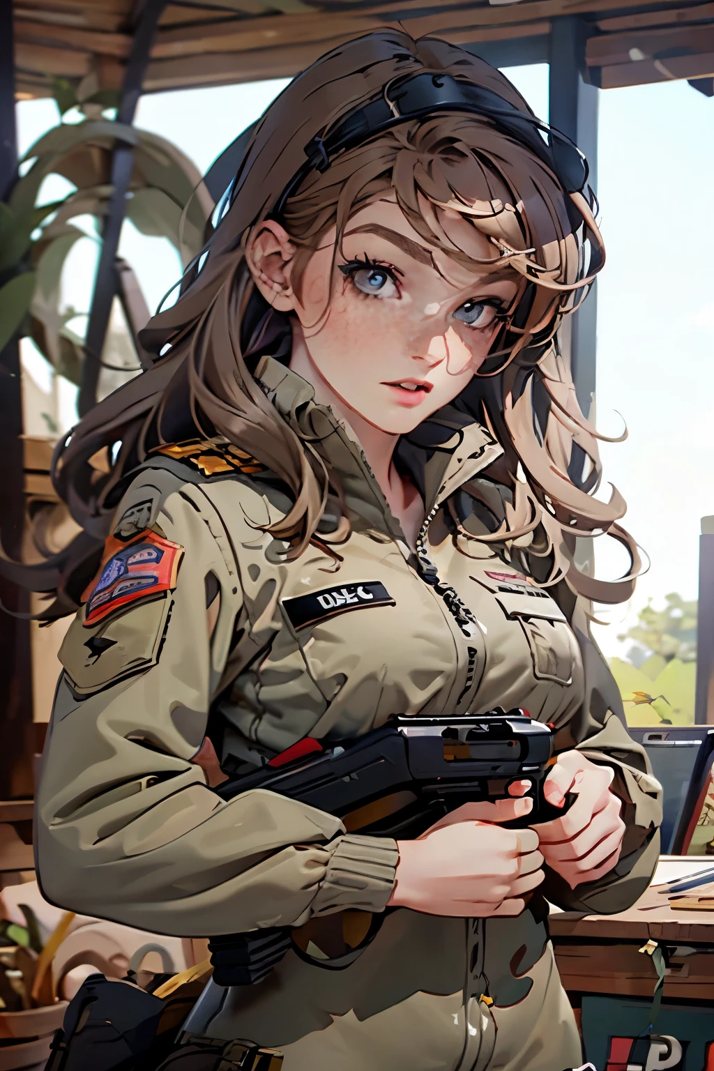 very pretty girl . She is 28 years old . Breast size 3 . height 180 cm . light grey eyes . brown-haired . . Wearing military uniform . soldier . She has a gun in her hands . severe , TIRED LOOK .