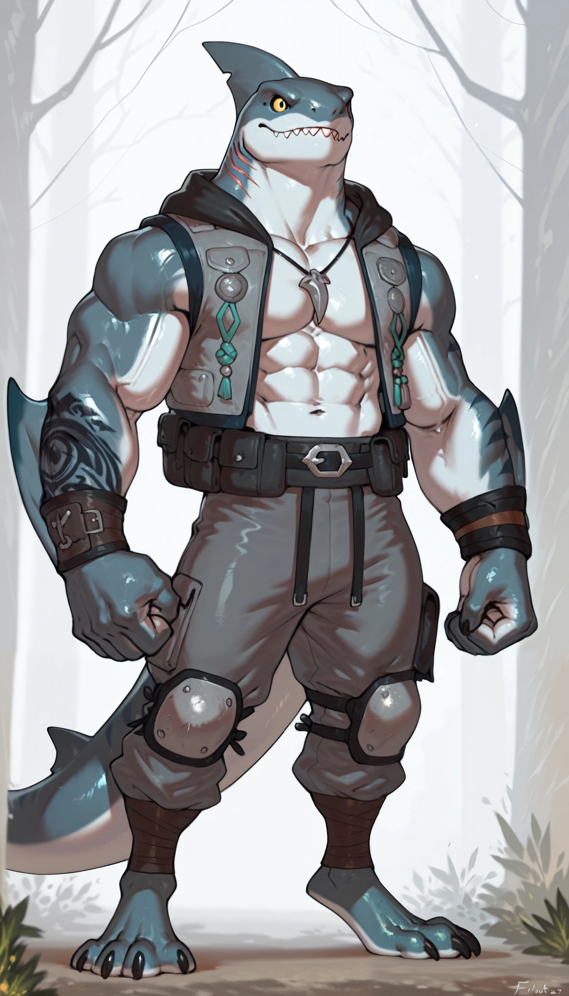 sharkman, anthro tiger shark, darker hands and fins, black back, solo, big arms, bara, detailed skin, lizard shark hybrid, anthro, closed mouth, tribal polynesian shark tattoos, detailed shark skin, scalie arms, fins on arms, gray color body, beefy, digitigrade legs, proporcional body, mercenary pants, wide chest, trapezoid body type, marked jaw, thick shark tail, The design incorporates elements from various shark species, such as the dorsal fin, sharp teeth, and muscular build, best quality, realistic, ultra-detailed, by Buta99, by taran fiddler, by honovy, by Riolutiny, detailed illustration of 4K horror. Head: The head should resemble that of a shark, with a prominent snout, sharp teeth, and small, beady eyes. The top of the head should have a distinctive dorsal fin. Body: The character should have a muscular, humanoid body with well-defined muscles, particularly in the chest, arms, and legs, old scars are covering the body. Arms and Legs: The arms should be strong with shark-like fins. The legs should be sturdy and end in large, clawed feet. Clothing: The character is wearing a rugged, adventurer-style outfit. This includes a dark, sleeveless vest with multiple pockets and straps, and dark, form-fitting pants with reinforced knee pads and additional straps. Accessories: Add a wide, dark belt with a prominent buckle around the waist. Include additional straps and pouches on the arms and legs for a tactical look. Color Scheme: Use a combination of dark blues, grays, and browns for the shark features and clothing. The skin should have a textured, scaly appearance in shades of gray and blue.