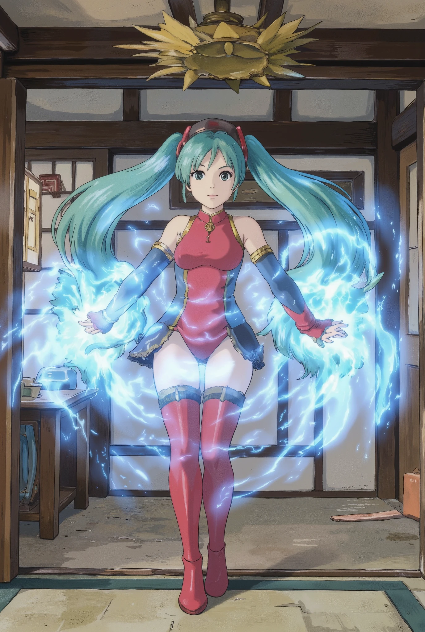 (Masterpiece、 best quality 、 best quality 、 Official Art、 beautiful and beautiful :1.2)、( One Girl:1.3) Hatsune Miku、 twin tails, beautiful breasts , 1 girl sitting underwater, Alone, solo focus, Women's Superhero , Medium Boobs , leotard, red and blue leotard, Bare legs, boots, matching boots, gloves, matching gloves, tea hair, Blue-gray eyes , standing straight in a Japanese house , put hands on hips , full body, A body imbued with blue energy , atom