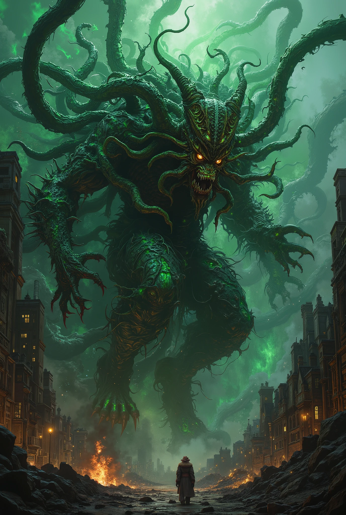 yellow and black, mystical monster, cosmic horror, monstrous creature, Lovecraft, with disgusting tentacles, surrounded by yellow fog, dark shadows, moss and blood, in a dark city, night