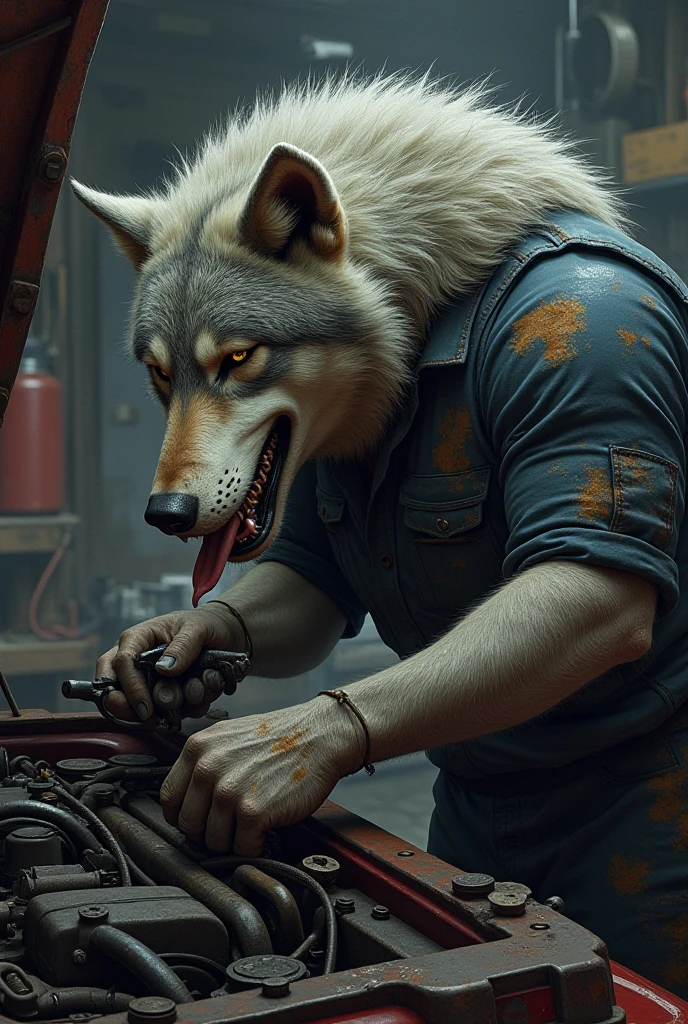 Junkyard setting, recked cars, wolf, husky, canine, punk goth clothing, (black T-shirt) with holes in it, baggy black pants with chains hanging off them, black trenchcoat, sitting on crushed car, muscular, barazoku, evil grin, torn clothing, green Mohawk, green eyes, snake bite piercings on lower lip, two eyebrow piercings on right eyebrow, septum piercing,
by taran fiddler, [by morticus], (Sharp focus, masterpiece, 8k, intricate artwork, hyper detailed, high detail),