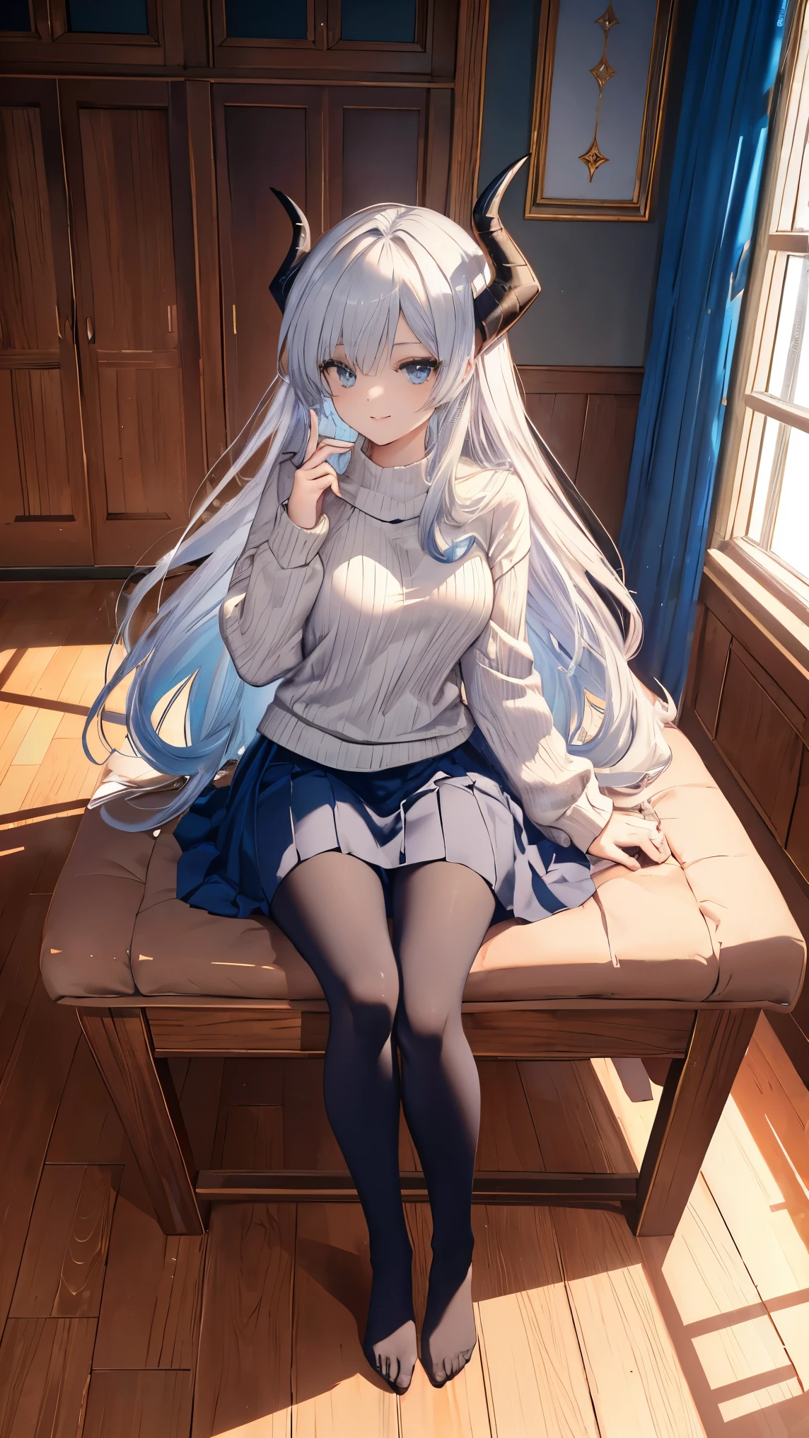 1girl, perfect face, white silver long hair, curly hair(light), cat ears, perfect cat ears, blue eyes, blushing, blank expression, white beret, checkered white and blue scarf, winter knitted fleece shirt, white skirt, knee length loose white socks, black sandals