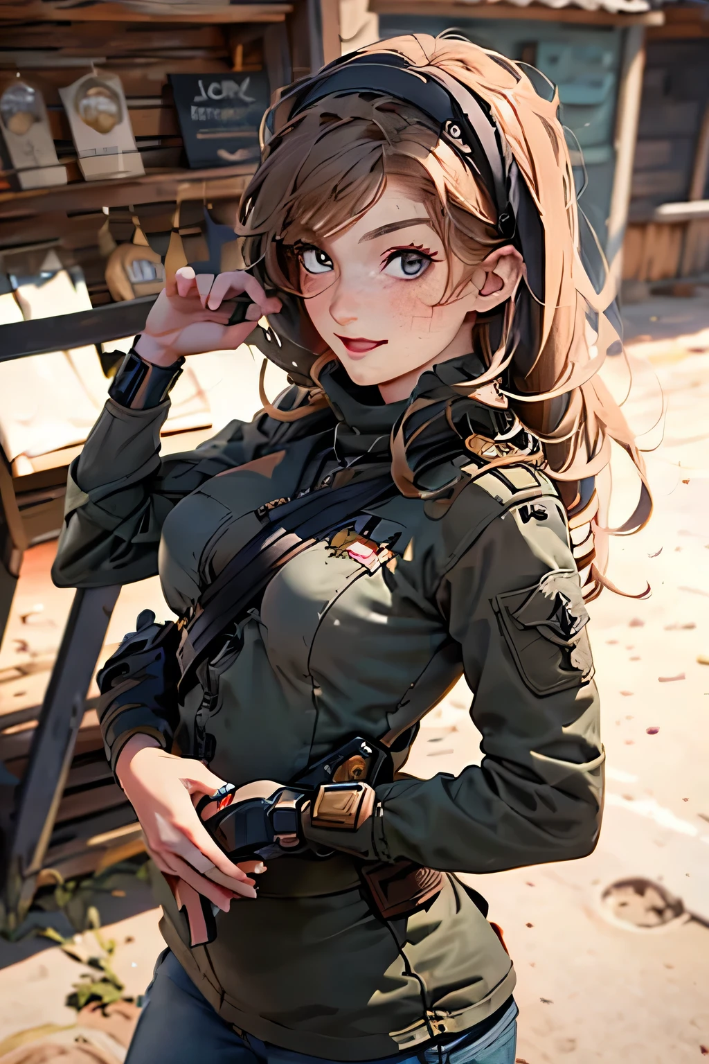  very pretty girl . She is 28 years old .  Breast size 3  . height 180 cm .    light grey eyes  . brown-haired . .  Wearing military uniform . soldier . She has a gun in her hands . She smiles wearily .