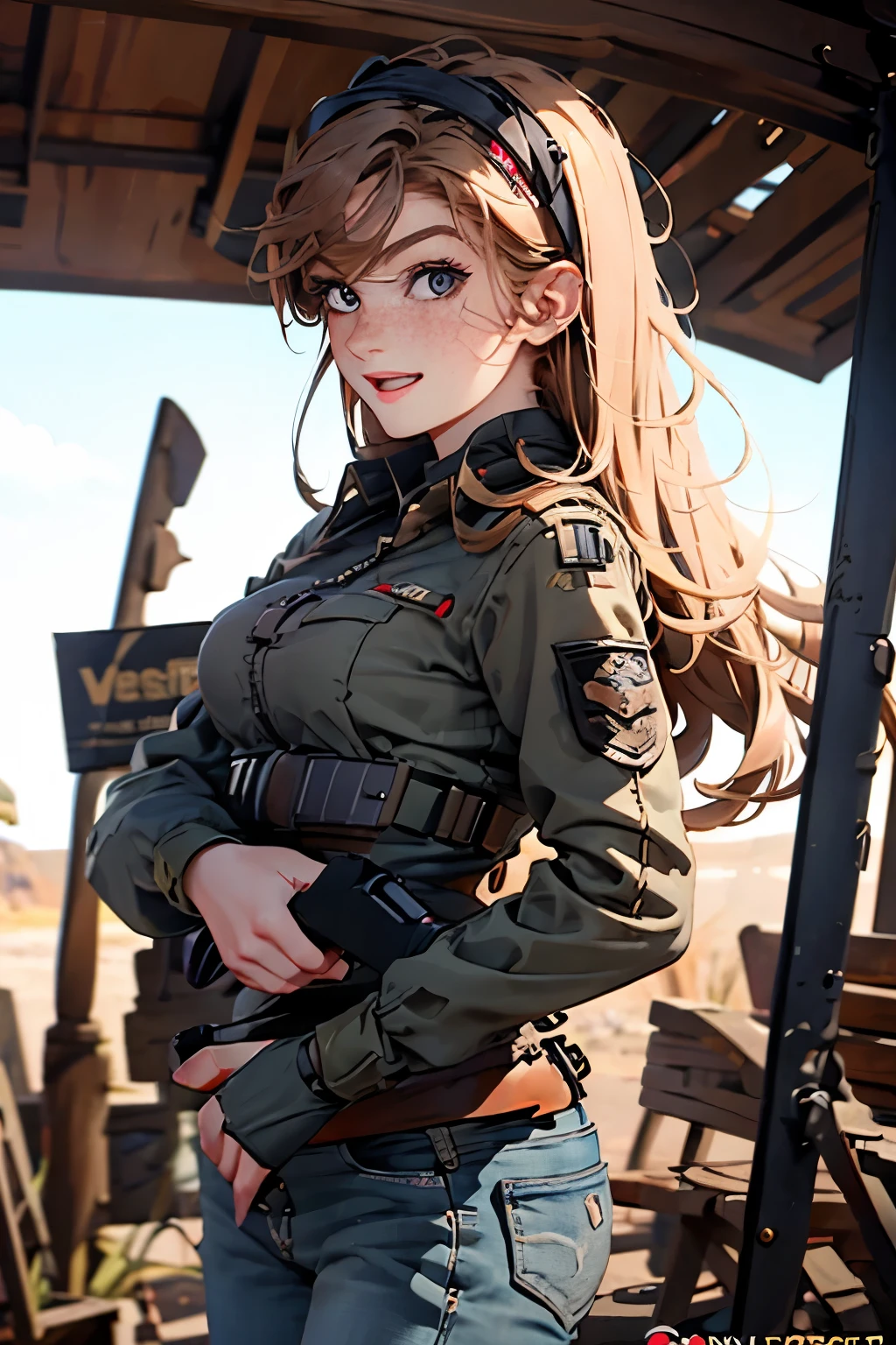  very pretty girl . She is 28 years old .  Breast size 3  . height 180 cm .    light grey eyes  . brown-haired . .  Wearing military uniform . soldier . She has a gun in her hands . She smiles wearily .