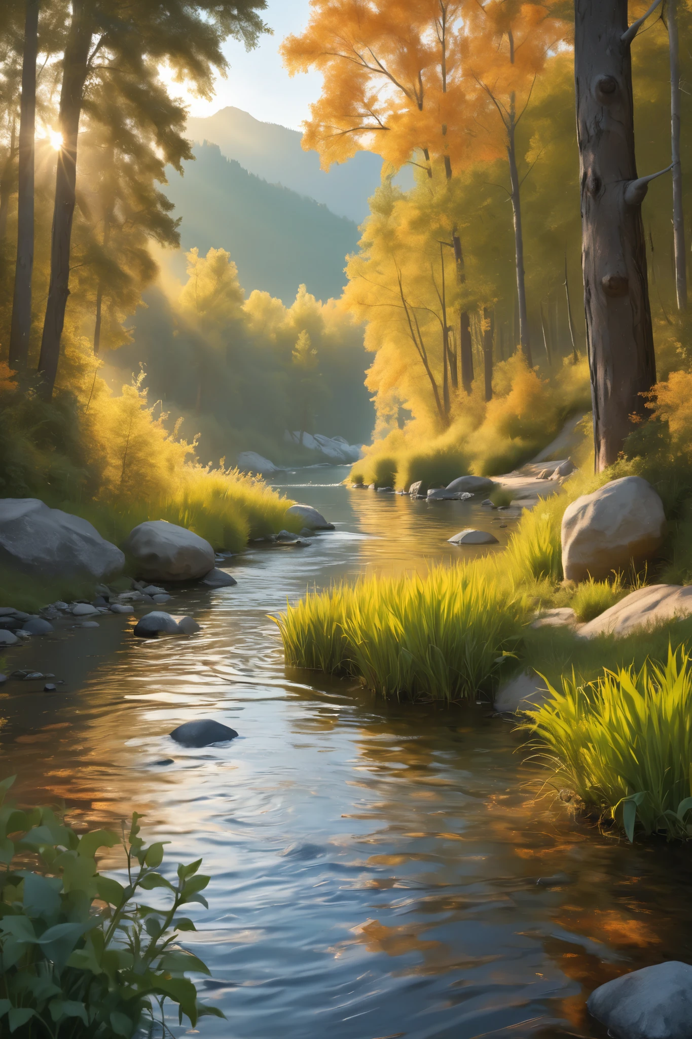 (Create an 8k hyper-realistic digital painting that has the the appearance of an oil pastel finish)
"Golden hour in the morning, a cold, clear river flows toward the viewer with a forced perspective that makes it appear as if the river is flowing out of the rising sun just peeking over the horizon. The river is bordered by birch trees with golden leaves, their first color change of early autumn, and the rocky banks are covered with large river stones, some the size of softballs, uneven and natural. On the left side of the river, a father and his young son stand, dressed almost identically except for the boy wearing a bright life jacket for safety near the moving water. The father is teaching his son how to fish, their poses mirroring one another in a heartwarming moment. On the opposite side of the river, a grizzly bear sow and her cub mirror the human pair, with the sow teaching the cub how to catch trout in the flowing water. The scene is bathed in the warm, golden light of dawn, with reflections shimmering on the river's surface, capturing the universal grace of nature's abundance and the shared moments of teaching and connection across species." borrow styling cues from Albert Bierstadt, Frederic Edwin Church and Anders Zorn, with a high renaissance warm color palette, masterfully detailed, realer than real composition..