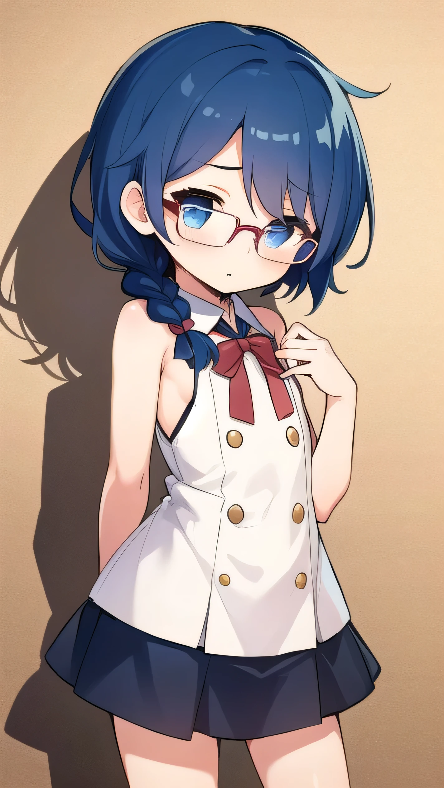 small breasted girl, short, , blue hair, single braid, blue eyes, round eyes, shy, shy, , short, young face, short height, , glasses with no edges,bed,，bed, (bottomless:1.5)，flat chest，(pussy are visible:1.5), Slip Dress