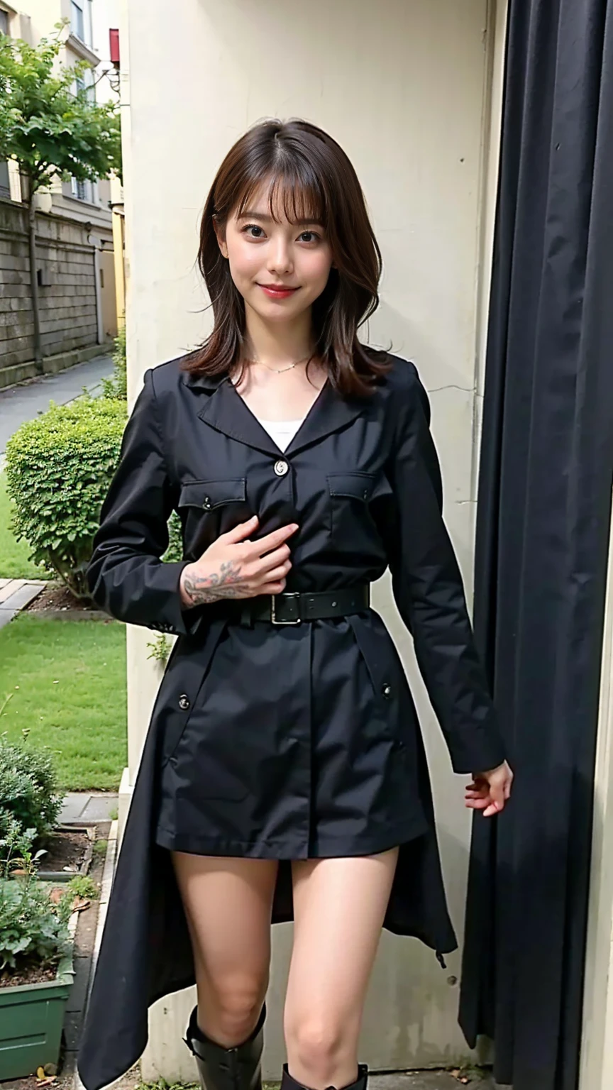 (8k、RAW Photos、highest quality、masterpiece:1.2)、(Realistic、Realistic)、1 girl、((pink and black police uniform、Black checked mini skirt、Big Breasts、I can see your chest、View from the front、belt、Knee socks、、Stand with hands on hips、In the city))、