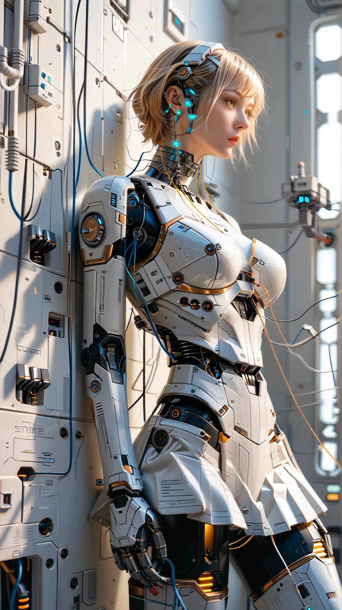 (((masterpiece))), (realism, realism texture, (science fiction, distant future), (top Quality, High Quality, top resolution, high resolution, (ultra detailed, high detailed))), (beautiful robot woman, woman is incredible machine:1.2), (beautiful face), (thin lips, wide mouth), yellow eyes, (robot white armor:1.3), machine frame, skirt, (steel knee-high greaves, (mechanical hands)), robot joint, (robot neck joint:1.2), (electronic component, machine parts, electrical wiring, wiring, maintenance:1.6), Expressionless face, (cowboy shot:1.5), laboratory, (robot was leaning back against the wall), (closed mouth)