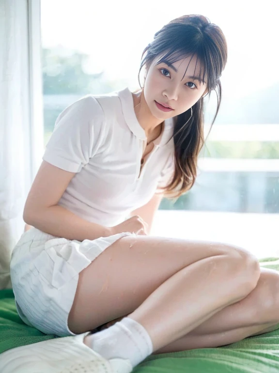 (Japan idol, 1girl in, Extraordinary beauty, Stranger, Perfect Style, Body based on human mechanics, Raw photo, Real person:1.4) photograph, (Professional Lighting), (((extremely detailed eye and face))), ((Double eyelids)), (Sharp Focus:1.4), (elegant light makeup, eye line, mascara:1.4), Colossal tits, Shiny skin, 20yr old, ((Slim body, slender)), ((Brown hair, poneyTail, Sit with your knees, Physical education sitting, White see-through shirt, Yellow skirt, Footboard beauty, Tifa Lockhart:1.4), alluring face, NSFW, ,