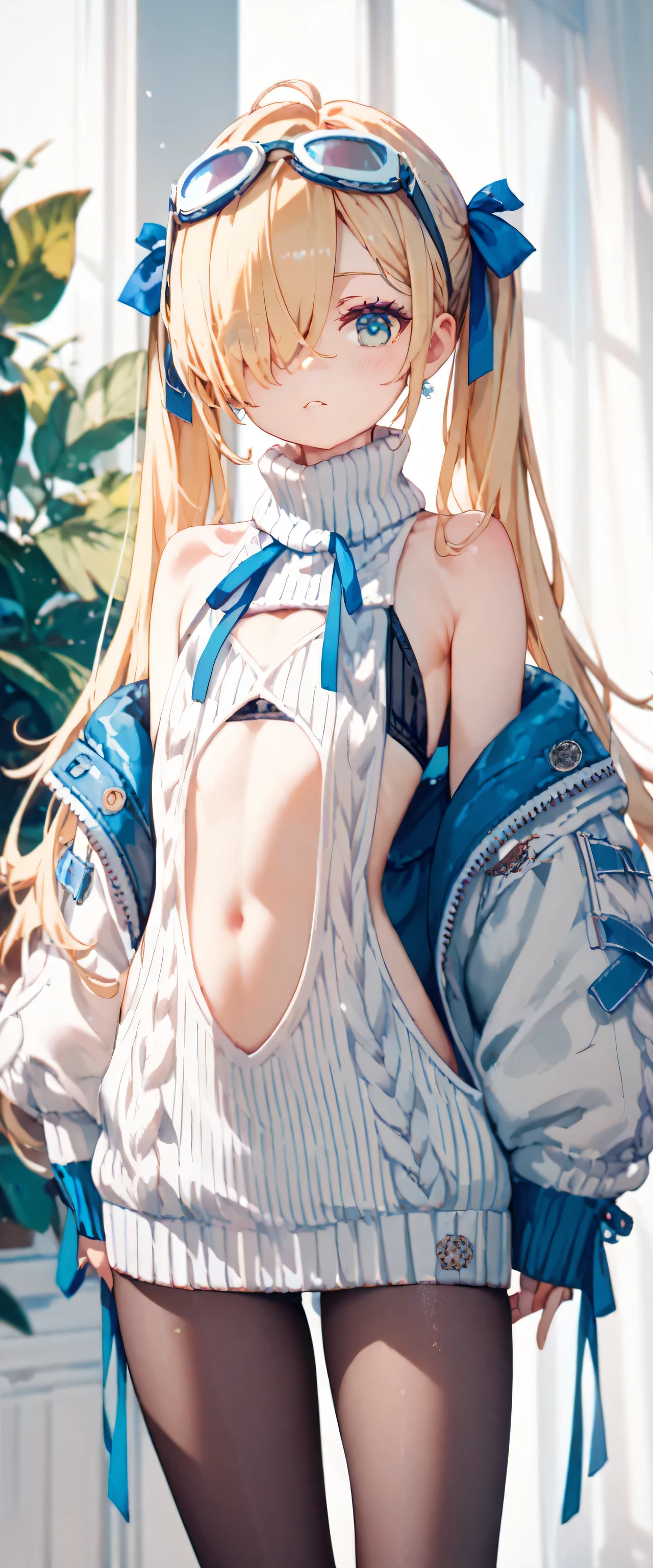 Shiny blond hair, very long hair, sophisticated haircut, ((((hair fully braided)))), ((small twisted braids)), thin and oval face, submissive, (((gagged))), ((((open denim jacket showing her breasts)))), cute and blushing 18 years old anime girl, look away because she is embarrassed and blushes, bright blue eyes, detailed face, detailed members, detailed arms, detailed hands, ((((sparkling diamond jewelry)))), tiara, ((makeup)), high heels, puffy sleeves, long gloves, long eyelashes, Girl lying, tied by ropes, shackled, can no longer move, tied tightly, very hard tied up with lots of ropes, hampered by so many ropes that she can no longer move, bound hands and feet, ropes tie his whole body, tied extremely tightly and forcefully to her bed by a lot of ropes, its limbs are strongly tied together by ropes, his torso is tied up with thick cords, her chest is so tied up with ropes that it sticks out, her legs are tied tightly with thick ropes, his hands are tied behind his back with ropes, she can no longer move her feet, her hands which are tied by thick ropes, she desperately tries to free herself, likes to be tied tight with big ropes, likes to be immobilized by big ropes, lying down, his hands and feet are strongly tied to the railing of his bed, his legs are pressed together and tied with ropes, its limbs are held vigorously by imposing ropes, her hands are tied securely behind her back by ropes, her chest is compressed by strong ropes, she is pressed against her bed and restrained by large ropes (shibari, arms behind the back:1.4), (hands on the back), (masterpiece, best quality) 1.5, 1girl, solo, (sexy, beautiful woman, perfect face, perfect eyes, perfect hands), samus aran, (shibari, arms behind the back:1.4), (hands on the back), Spread the legs, s' ((lie in bed by big ropes)), ((close up of the girl)), ((((lie in bed))))