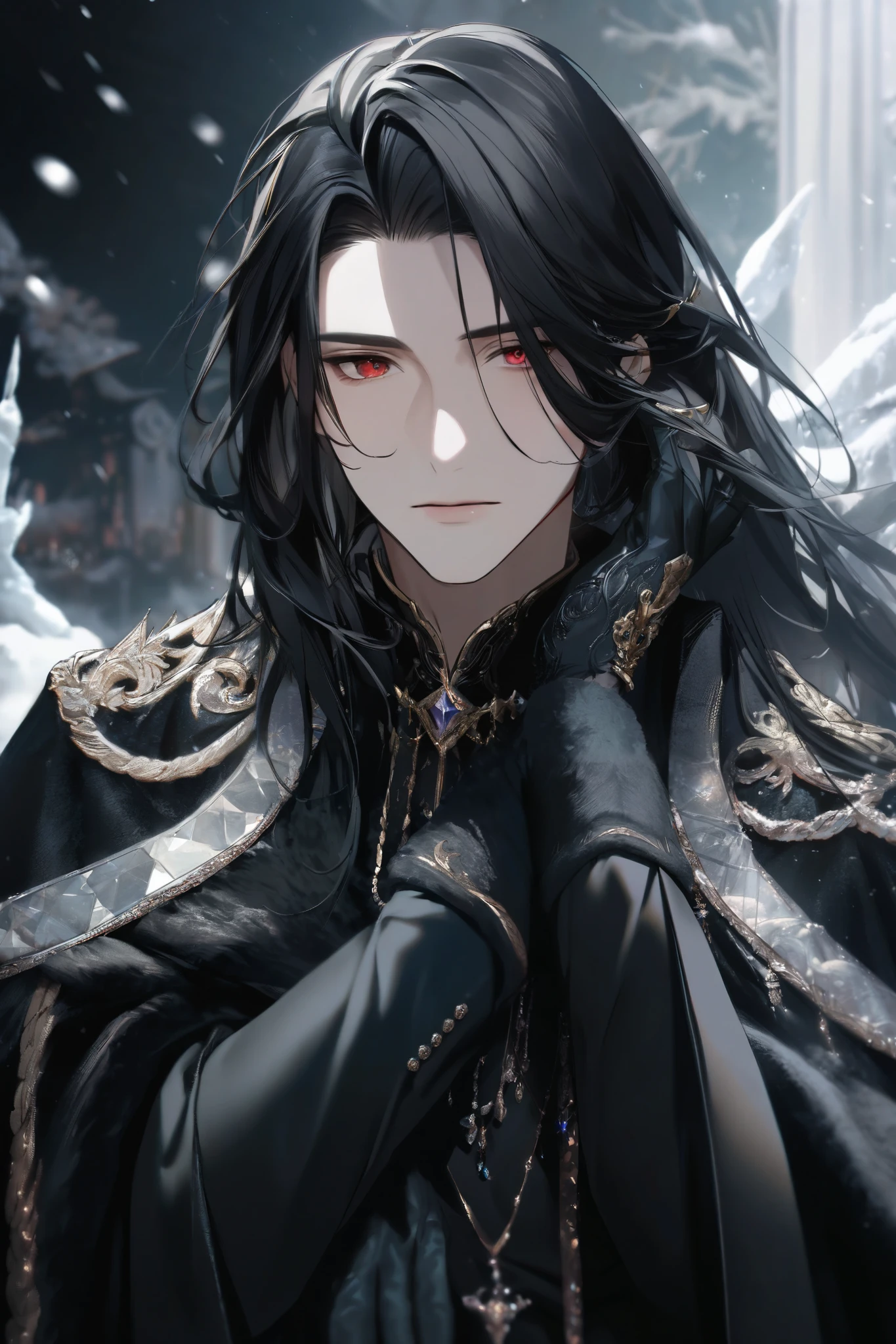 1 male, handsome, long black hair covering forehead, red eyes, gloves on hands, black cloak, luxurious, fantasy world, elegant, cold, portrait, sharp photo.