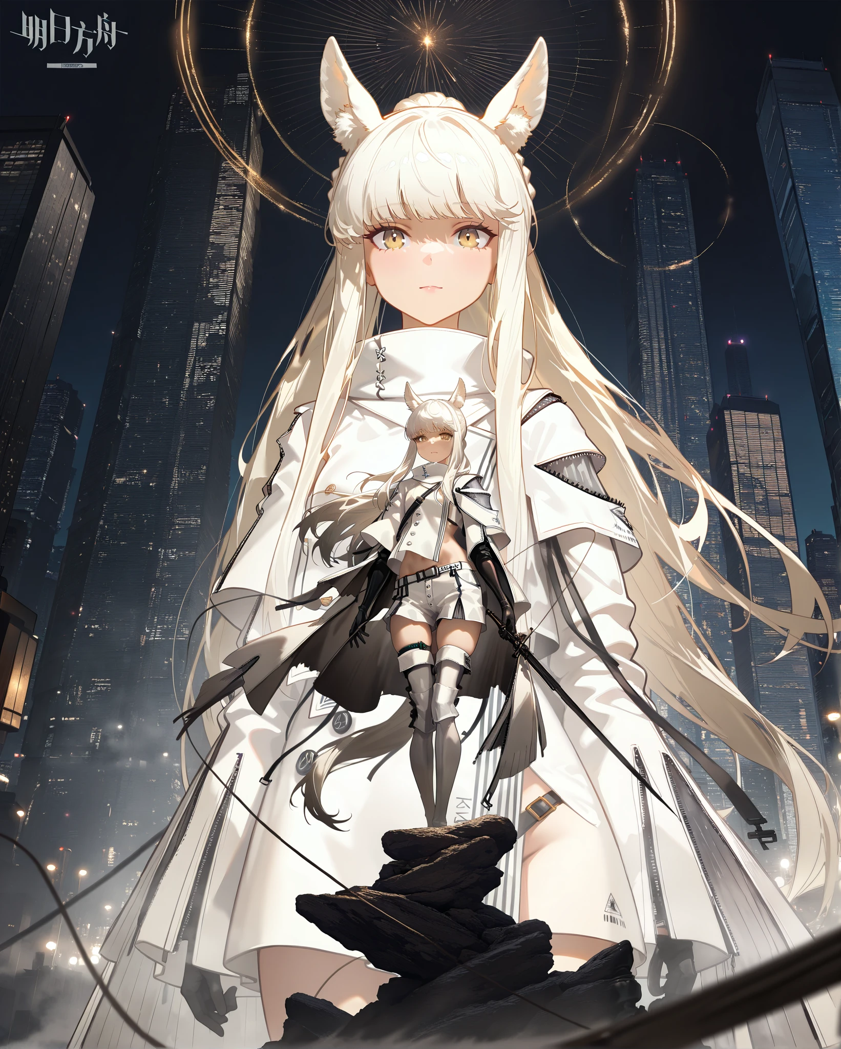 female,(alone),((alone)),(((Platinum  ))),(Arknights),Platinum  _\(Arknights\), Platinum  _\( Arknights\), Gray Hair。 (((long hair)))。White horse ears。white horse tail 。(Strong winds:1.5),Black and white clothes。 yellow eyes。 ,Bad mood, Wears Black Glasses,,Photorealistic Background。,flat boobs。 best quality, amazing quality, very aesthetic, , (masterpiece, best quality, hires:1.1),(detailed background),(Hard Light, Cinematic , Hard shadows, ambient occlussion:1.1), (illustration:1.1), (perfect details:1.1), Misty, epic mist of a surreal film, creating a sense of suspense, brutalism, (distant lights, vibrant colors, selective focus:1.2),((Standing on a big machine in a skyscraper)) (A graphic artwork :1.5)Breаk  ,quality\(8 K,wallpaper с чрезвычайно детализированной компьютерной графикой,masterpiece,a high resolution,top-quality,top-quality real texture skin,hyperrealistic, increase resolution,RаW photos,лучшее quality,very detailed,wallpaper,Cinematic lighting,Ray tracing,Golden ratio\),[NSFW],Dynamic angle,