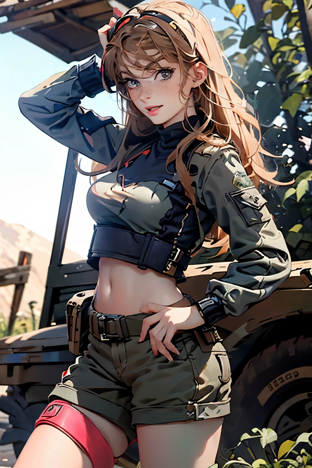 very pretty girl . She is 28 years old . Breast size 3 . height 180 cm . light grey eyes . brown-haired . . Wearing military uniform . soldier . shootout . She shoots with a gun . She smiles angrily .