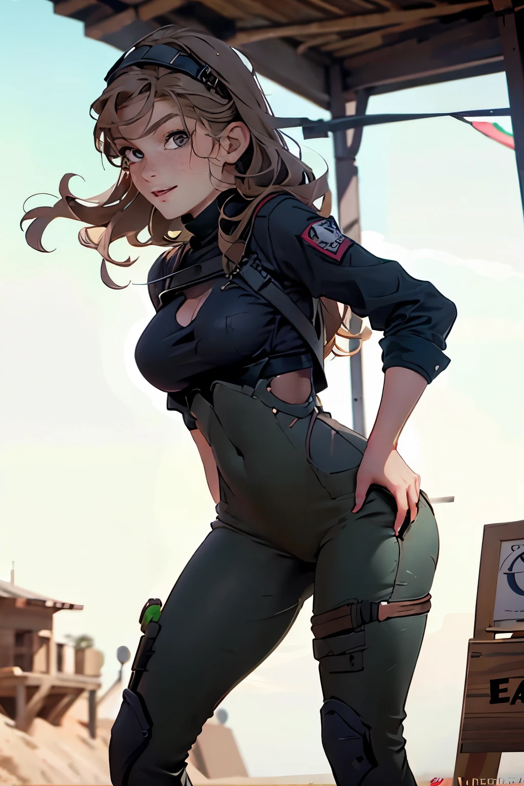  very pretty girl . She is 28 years old .  Breast size 3  . height 180 cm .    light grey eyes  . brown-haired . .  Wearing military uniform . soldier .  shootout .   She shoots with a gun . She smiles angrily  .