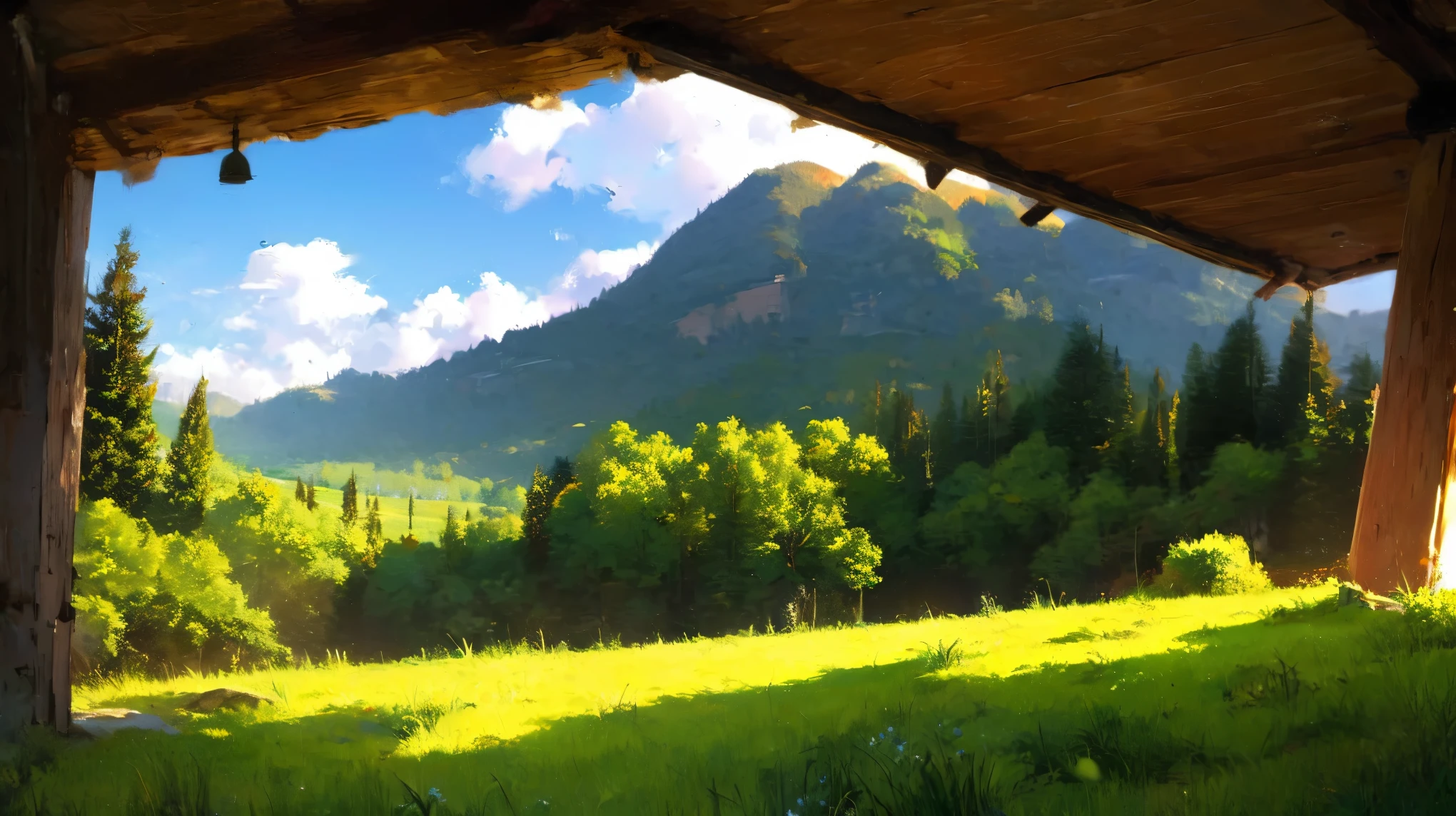 A is drawing with paint,Background meadow, Sky, looks up at the , Distant Scenery