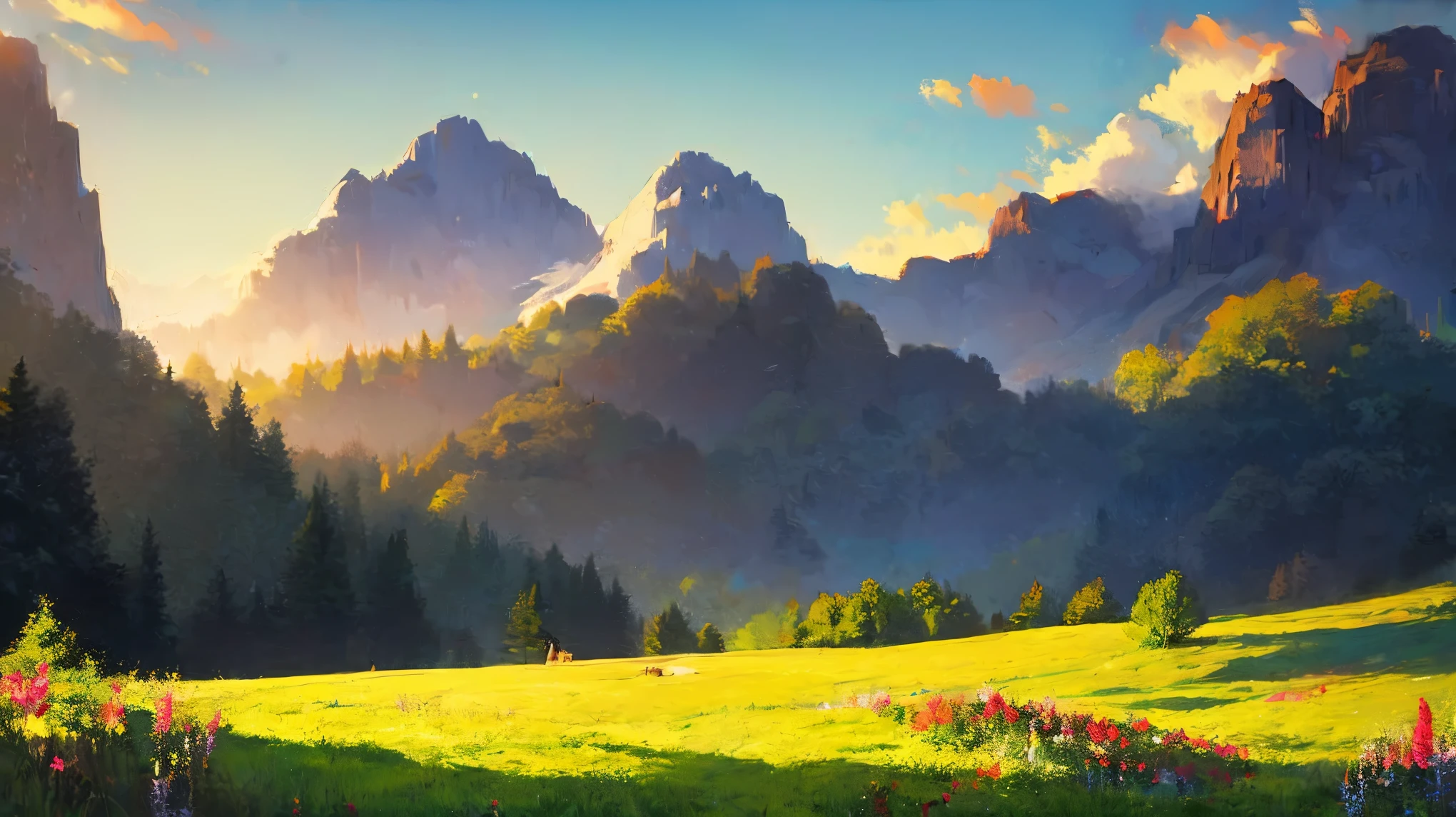 A is drawing with paint,Background meadow, Sky, looks up at the , Distant Scenery