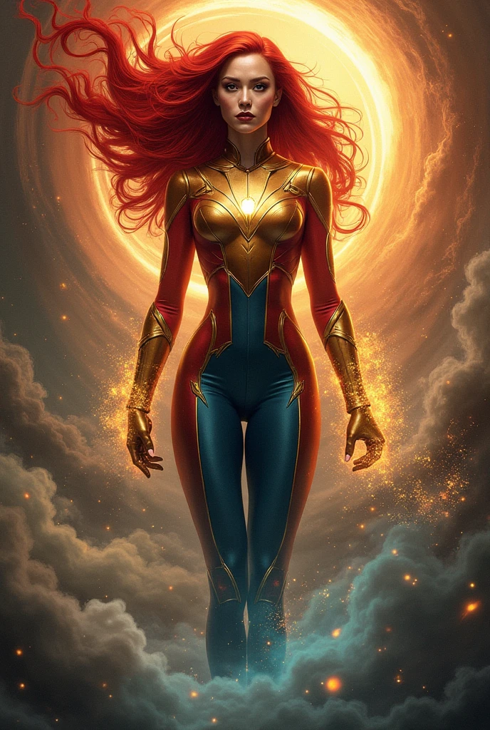 (X-men 1990s appearance rogue as The Phoenix Force), thick, original red and white curly hair, big hips, cosmic background, highest quality