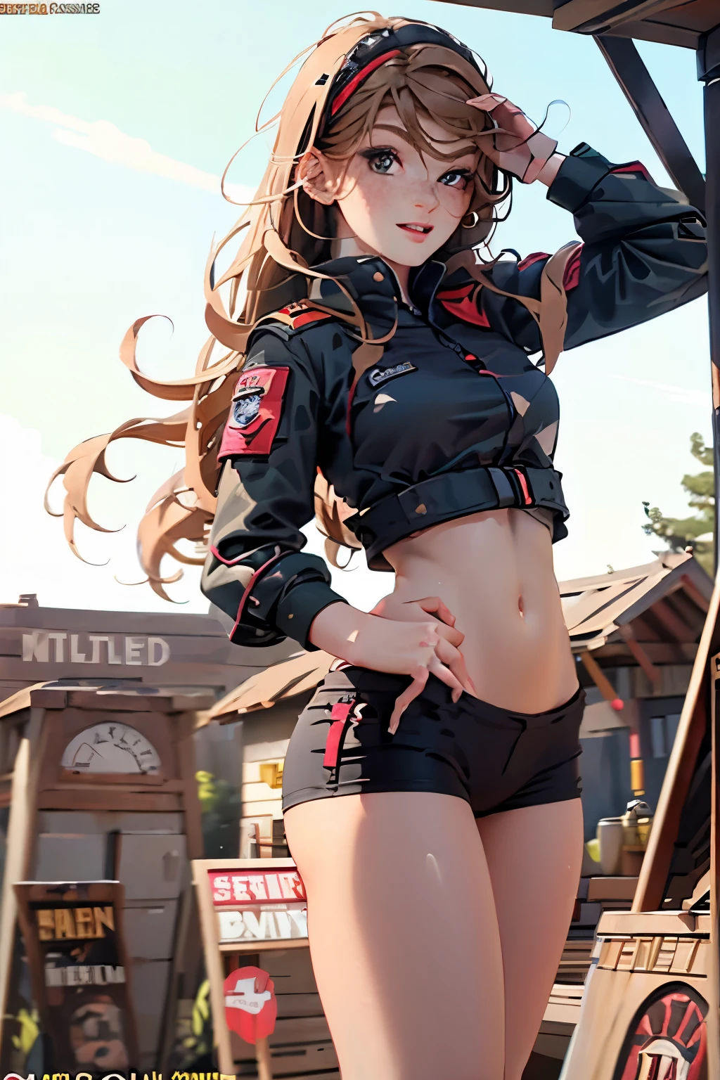 very pretty girl . She is 28 years old . Breast size 3 . height 180 cm . light grey eyes . brown-haired . . Wearing military uniform . soldier . shootout . She shoots with a gun . She smiles angrily .