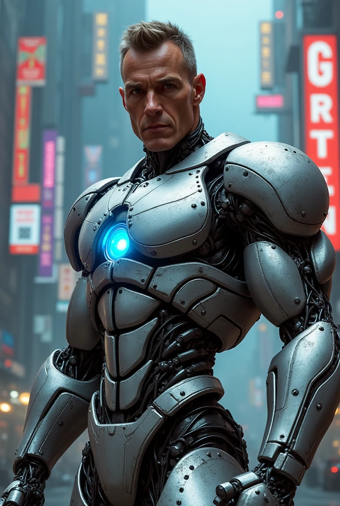 "Jean-Claude Van Damme is depicted as a futuristic robot. His half-human, half-machine body is covered with metallic parts and small gears. He has shiny steel robotic arms, glowing blue eyes, and an energy core visible in his . The background features a futuristic metropolis filled with neon lights and an atmosphere of metallic smoke. His pose exudes power and bravery, with robotic elements detailed in a hyper-realistic style."
Let me know if you need further edits!