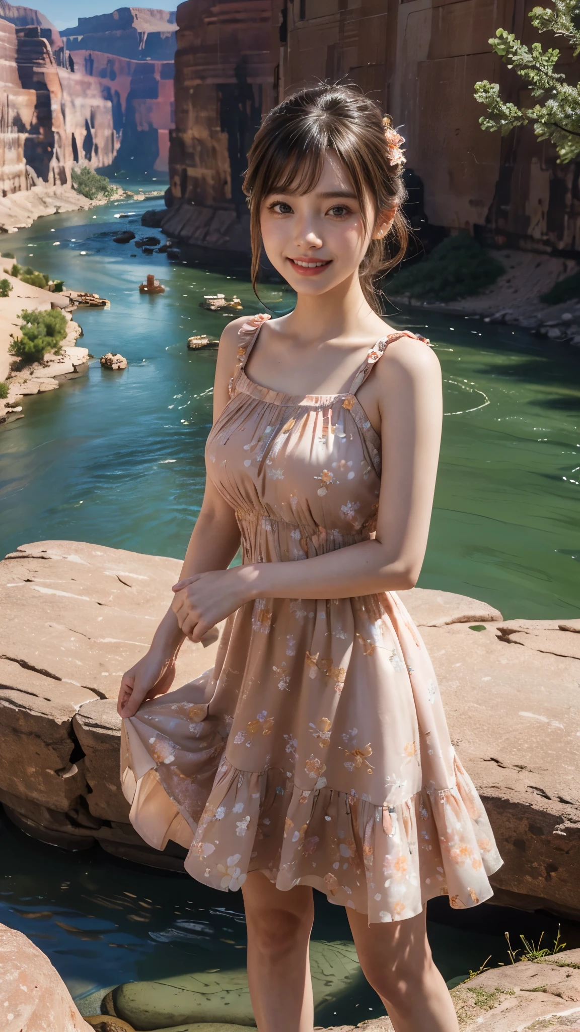 Master piece, CG Unity 8k walpaper, ((Realistic: 1.2))Ray Tracing, k, Beautiful 16 years girl, Korean realistic girl, Ultra Realistic, ultra HD, ((peach colour Sundress dress)), (floral Dress)), ((Grand Canyon River)), Standing beside River, River has Floting water, Canyon Mountains, Beautiful smile, ((smile: 1.2)), cactus, 🌼🌼🌼🌼🌼🌼, brown