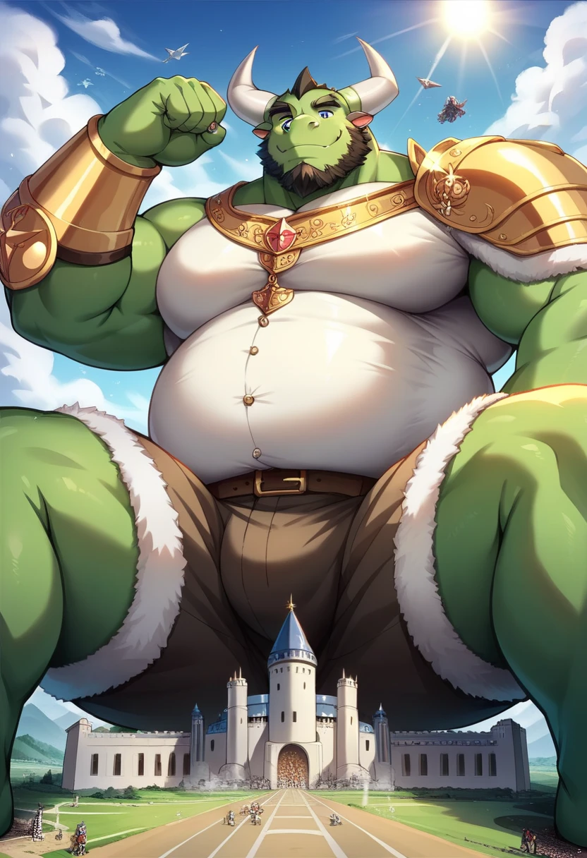 core_9, score_8_up, score_7_up, solo, male focus, male, ฺBulk orc, green skin, tusks, beard, palace , night, king crown , micro armor , shoulder armor , (( black micro tight shorts )) , full body , armor boots , laying spread legs , legs up , massive ass , Throne , ashamed face