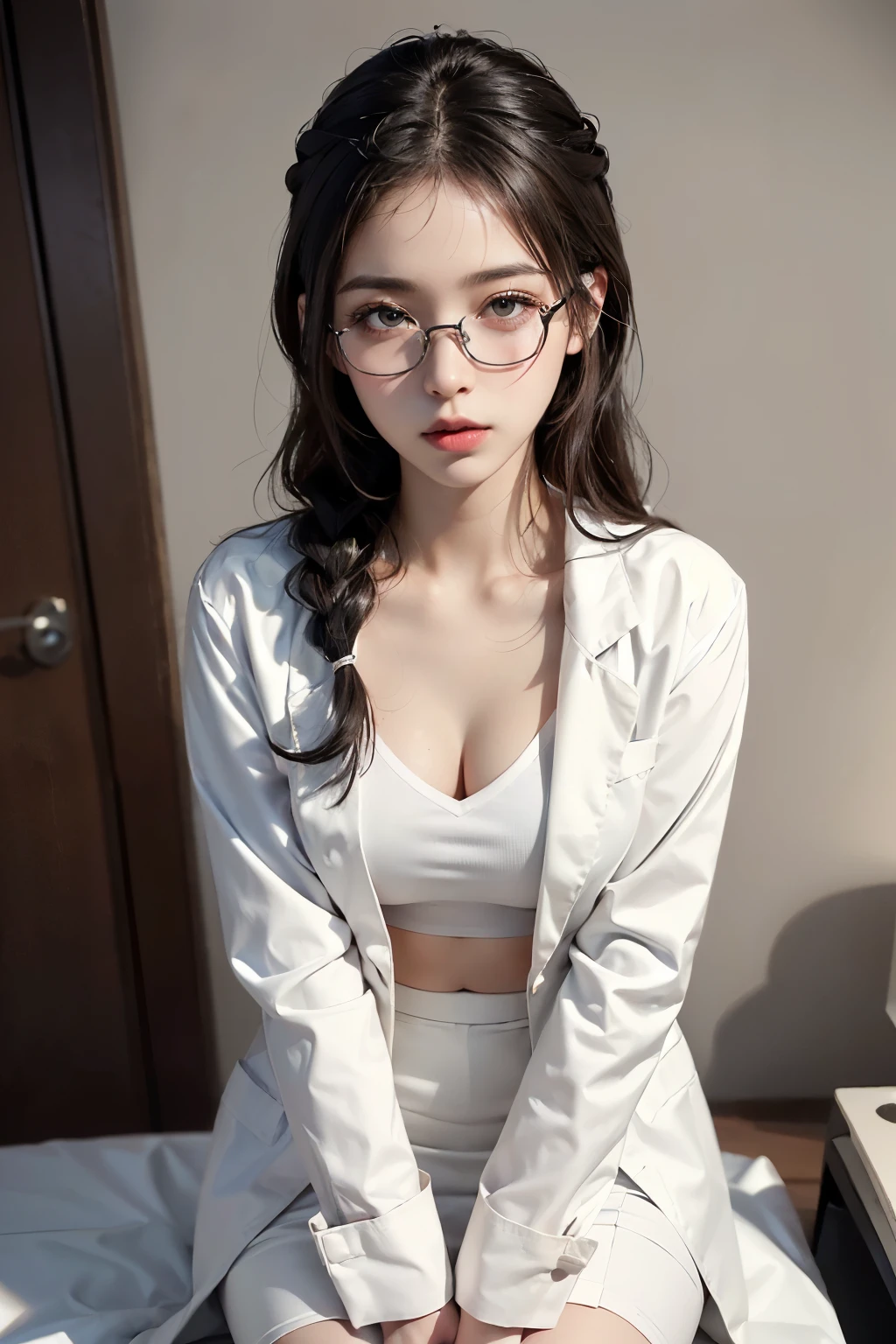 (((best quality))),(((Extremely detailed))),(((masterpiece))),illustration,((1 个beauty的女孩,Solitary)),((Slim,Thin)),((Small Breasts,flat chest)),Future Lab, ((Fashion glasses,Delicate eyes)), intelligence,(White lab coat:1.3),(Short Ponytail:1.2), Flawless skin,(lol:1.2),(earrings,crystal necklace),(stocking:1.3), Cyberpunk atmosphere, High-tech equipment, Dim Lights, High altitude lights, beakers, Flask, test tube, Screen, Console, terminal, Wonderland of Science, Desolate environment, Time warp, Stay still, Highly concentrated, profound scientific mystery, The secrets of the universe, beauty, bitterness, The essence of, mystery, Attractive appeal, Fascinating, enchanting,((From the front,Upper Body,sit on the floor,Put your hands behind your back,Spread your legs))