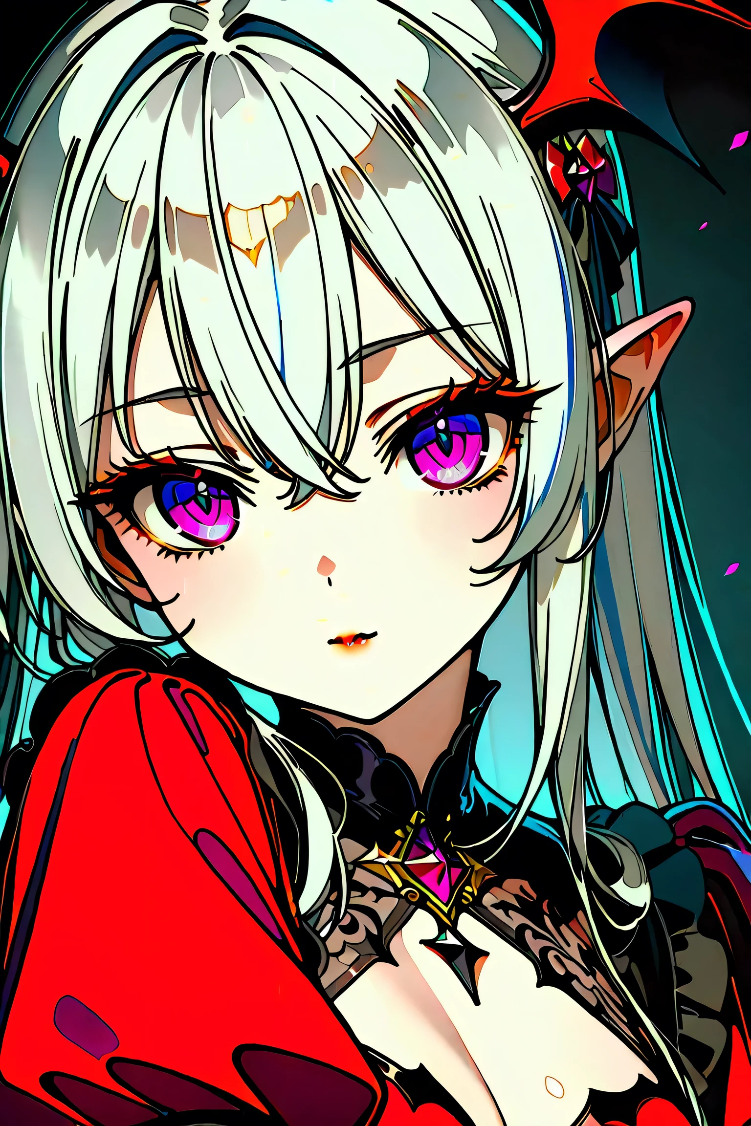 close-up of a woman in a black and red costume, Beautiful Succubus, beautiful vampire queen in a gothic fantasy graveyard、 enchantment