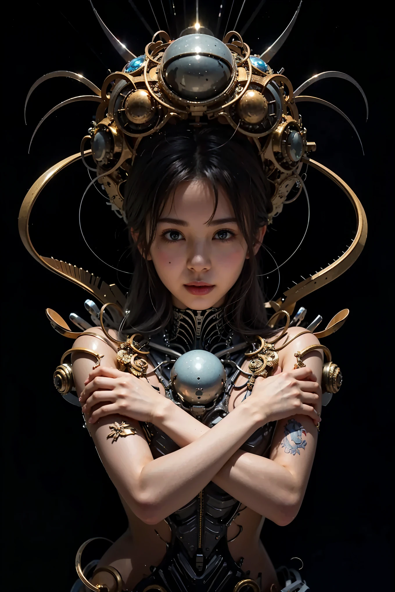 (Completely live action:1.37), (Amazingly realistic textures:1.37), (masterpiece, best quality:1.2), (8k uhd, 16k, 32k, ultra high res), amazingly realistic skin, amazingly realistic photo, superrealism, (photorealistic:1.37), (RAW photo), ultimately realistic, (ultimately realistic all details), (ultimately realistic all textures), super realistic lighting, super realistic shadow, (japanese girl:1.5), (realistic idol face), smiling, happy, super realistic face, ultimately realistic skin, ultimately realistic eyes, (mascara:1.35)ultimately realistic background, ultimately realistic detail up, (kkw-ph1:1.25), (GotouMaki:1.25), (Canon EOS R6, 85mm, 1/200s, f/5.6, ISO 1600), (tattoo), (mechanical armor:1.37), (sel-frame glasses), (blue eyes:1.2), (silver hair:1.3),