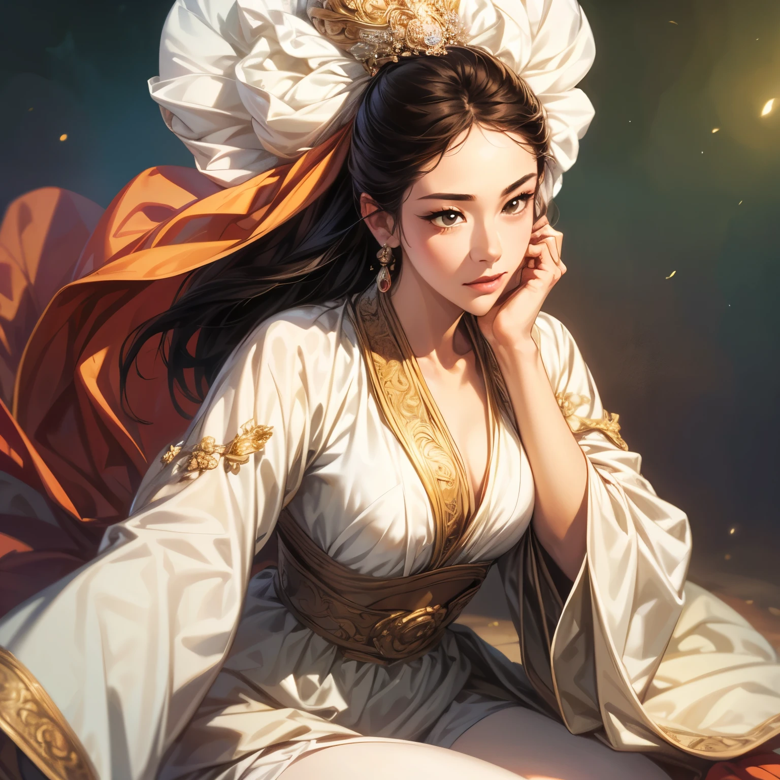 beautiful woman in rococo style, oil painting, Illustration of Three Kingdoms Jiyeon , Female solo, detailed face , perfect hand , elegant pose , watercolor landscape background , ( top quality, 4K, 8k, high resolution, masterpiece: 1.2), Very detailed, Very detailed된 눈과 얼굴, long lashes, vivid colors , studio light , Elegance, intricate details , movie lights , (Create an image from the thigh to the top of the head), blurry background , White outfit