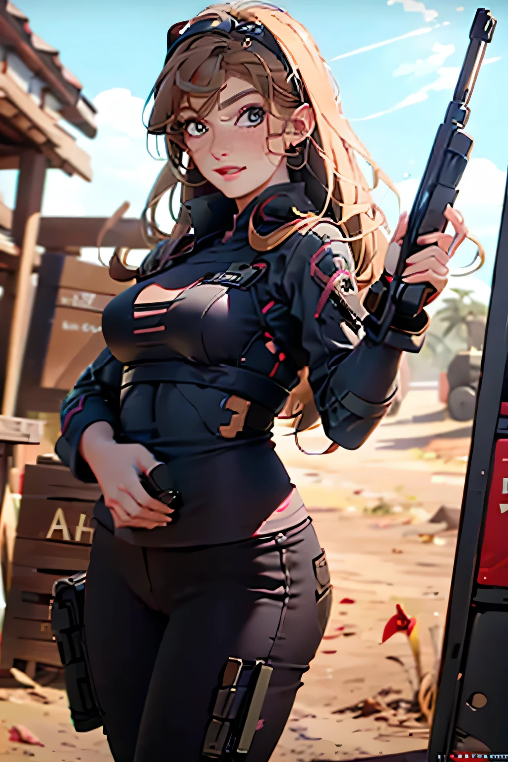very pretty girl . She is 28 years old . Breast size 3 . height 180 cm . light grey eyes . brown-haired . . Wearing military uniform . soldier . She shoots with a gun . She smiles angrily .