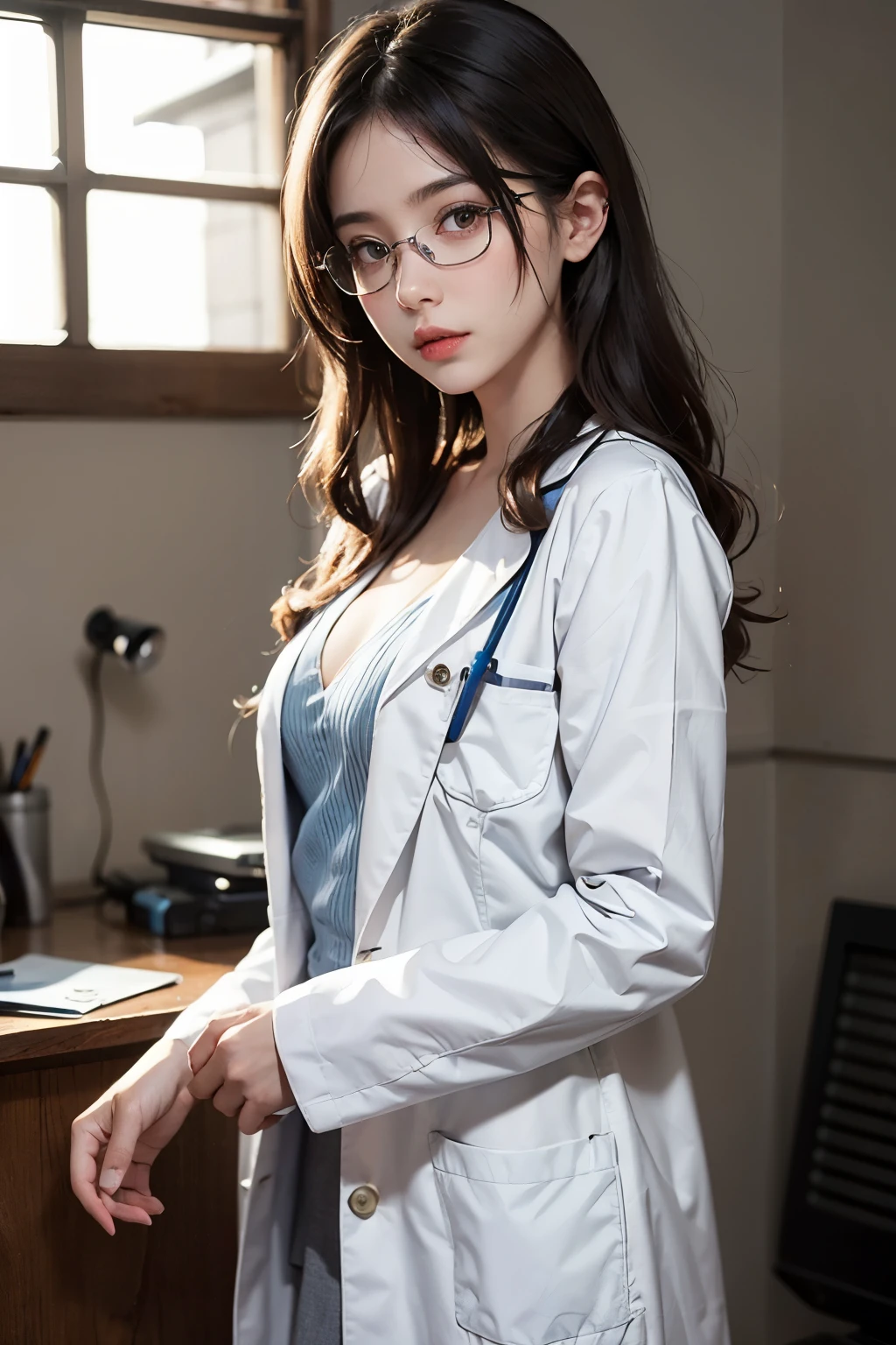 Arafed woman in a lab coat and glasses standing in a room - SeaArt AI
